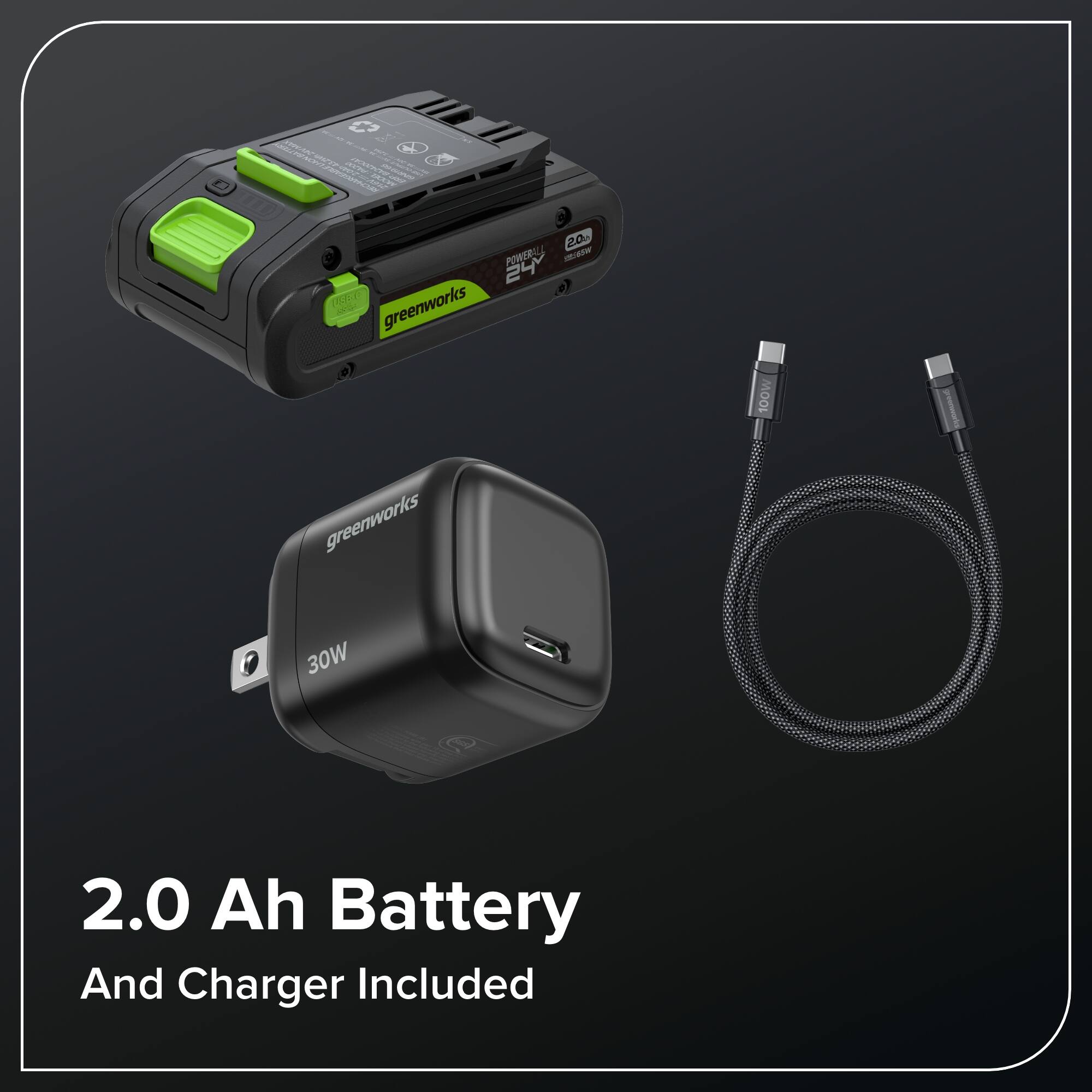 CU M I 20 MOAL - 24 PRE greenworks M D 100W greenworks 30W 2.0 Ah Battery And Charger Included