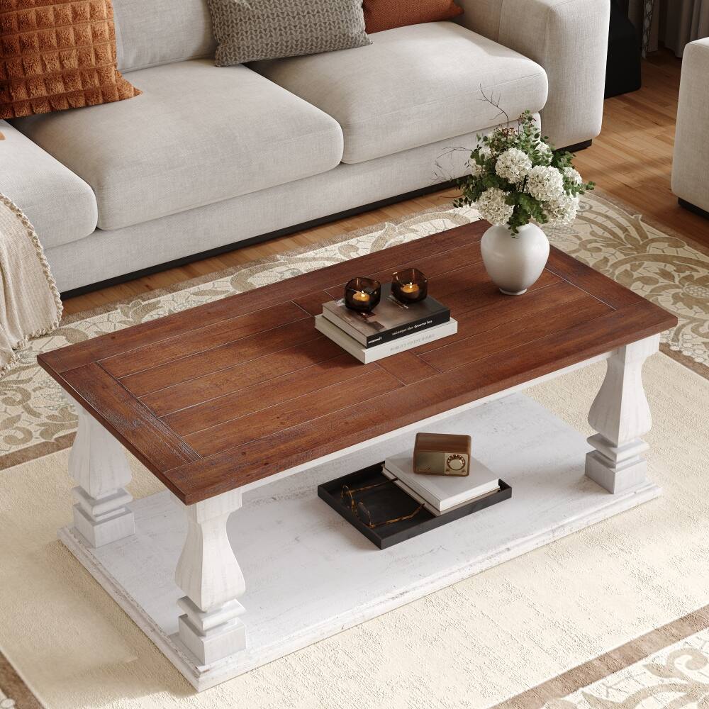 Front. Loheer - Loheer Rustic Two-Tone Coffee Table Farmhouse Solid Wood - Walnut Brown and Washed White.