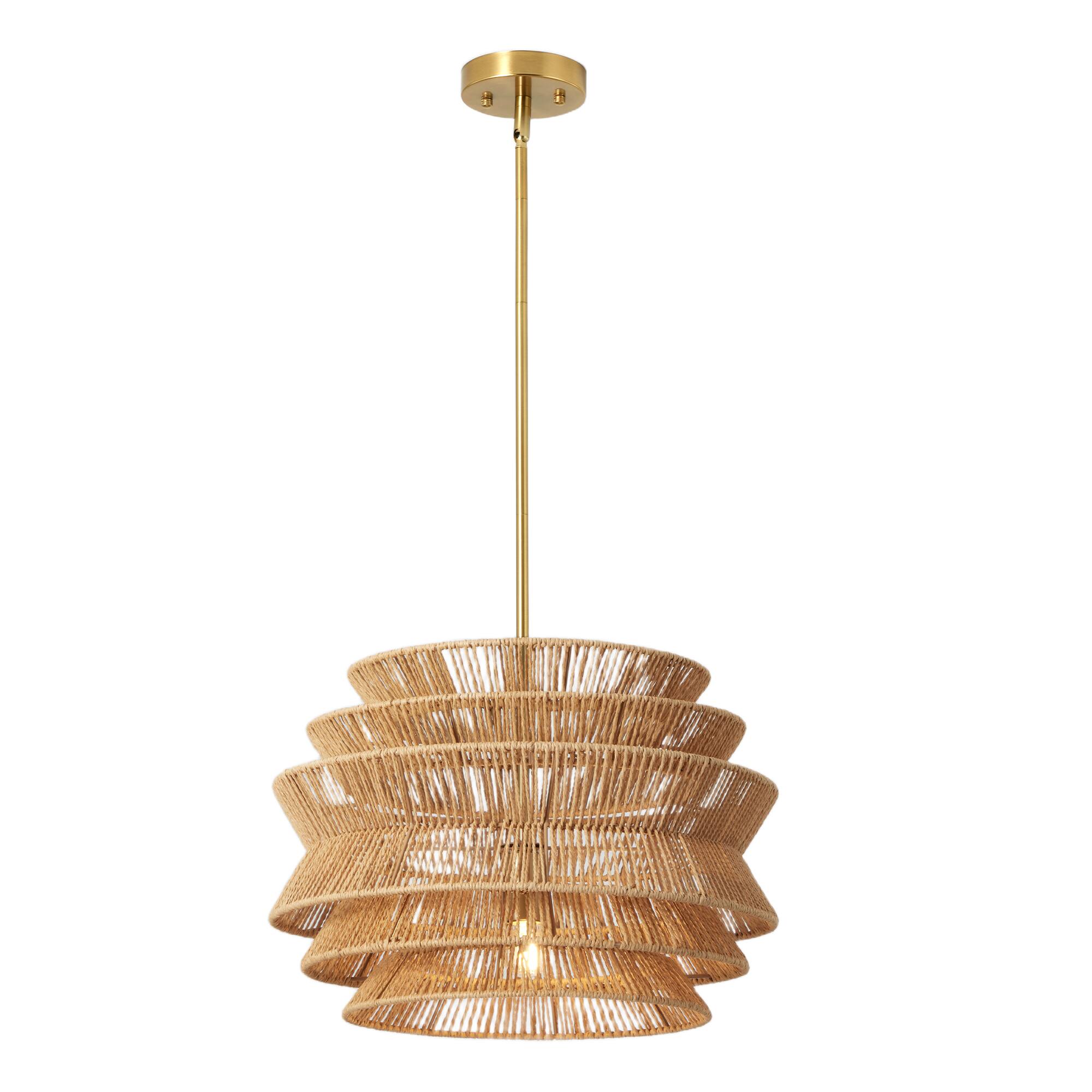 Alt View 4. Malletson - 17.3" Rattan Pendant Light, Handwoven Wicker Chandelier, Layered Drum Shade Ceiling Fixture for Kitchen Island & Dining.