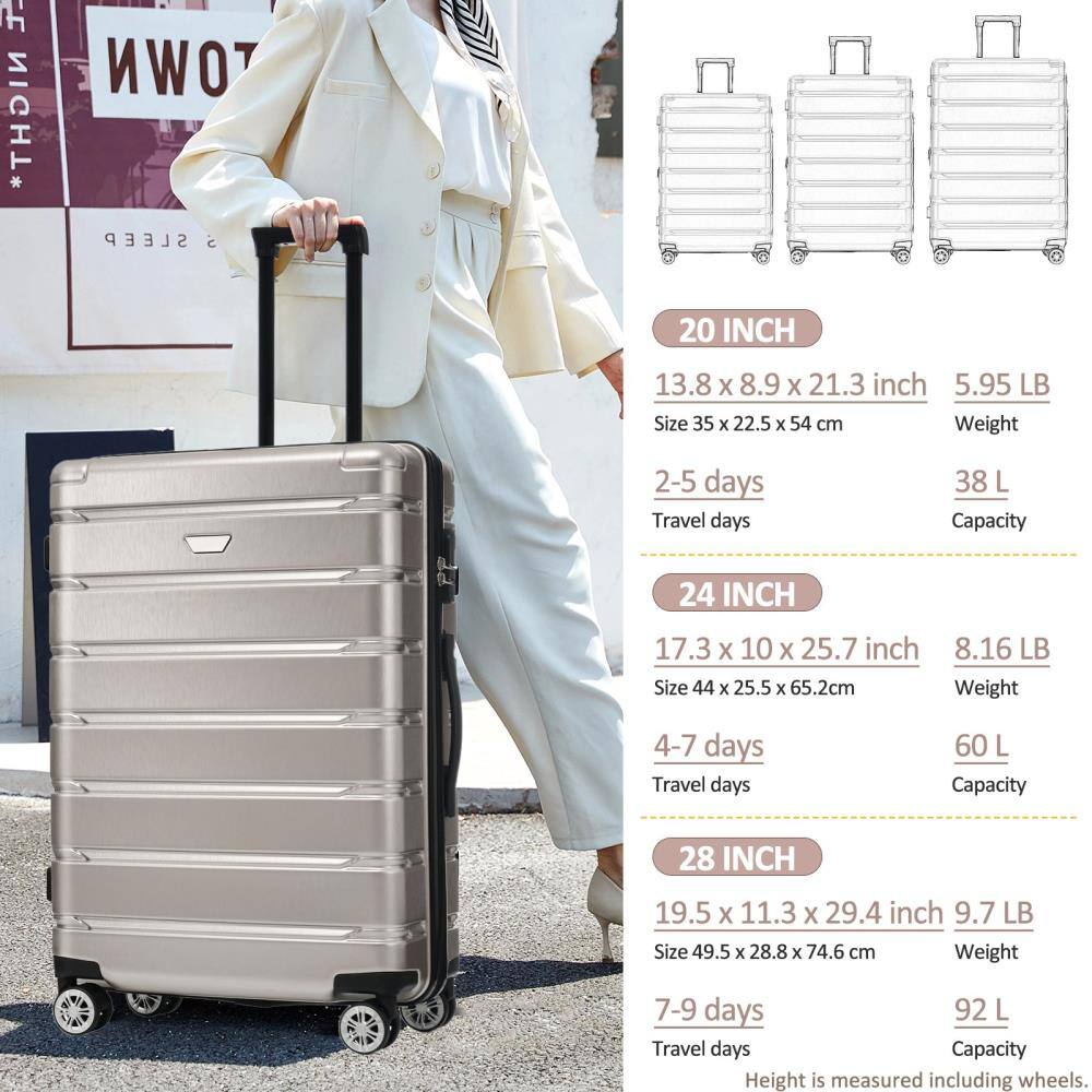 20 INCH  
13.8 x 8.9 x 21.3 inch  
Size 35 x 22.5 x 54 cm  
Weight 5.95 LB  
Travel days 2-5  
Capacity 38 L  

24 INCH  
17.3 x 10 x 25.7 inch  
Size 44 x 25.5 x 65.2 cm  
Weight 8.16 LB  
Travel days 4-7  
Capacity 60 L  

28 INCH  
19.5 x 11.3 x 29.4 inch  
Size 49.5 x 28.8 x 74.6 cm  
Weight 9.7 LB  
Travel days 7-9  
Capacity 92 L  

Height is measured including wheels.