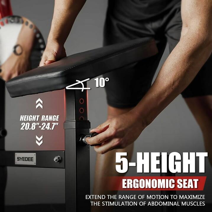 10° HEIGHT RANGE 20.8"-24.7" SYEDEE 5-HEIGHT ERGONOMIC SEAT EXTEND THE RANGE OF MOTION TO MAXIMIZE THE STIMULATION OF ABDOMINAL MUSCLES