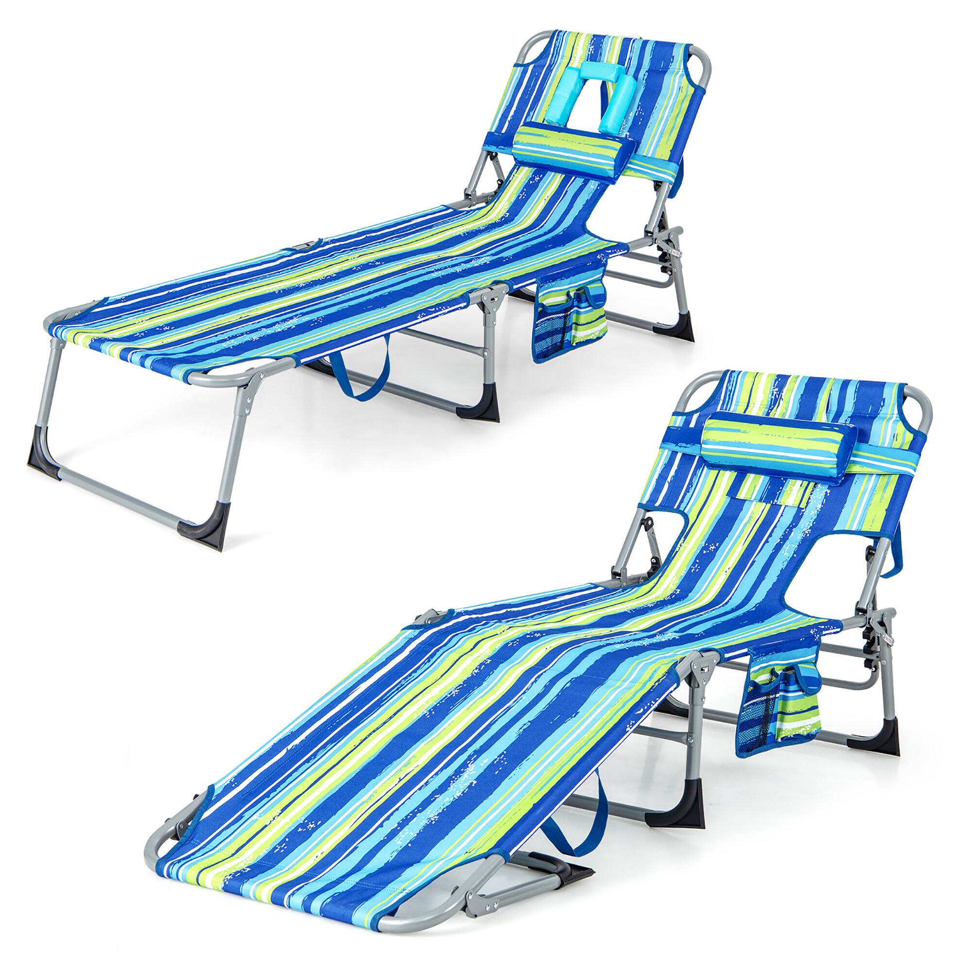Gymax - 2PCS Outdoor Beach Lounge Chair Folding Chaise Lounge w/ Pillow Blue & Green - Blue, Green