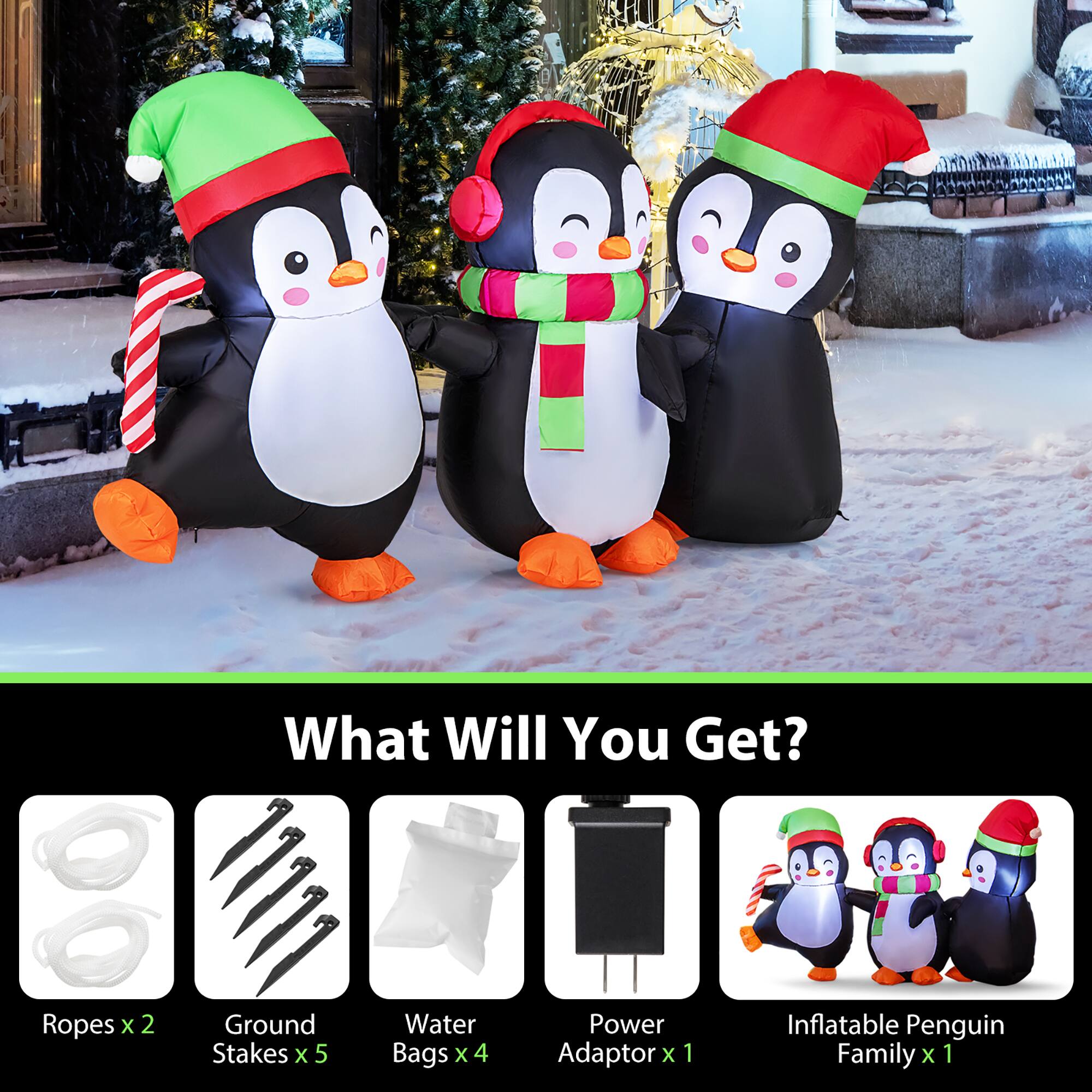 What Will You Get?

- Ropes x 2
- Ground Stakes x 5
- Water Bags x 4
- Power Adaptor x 1
- Inflatable Penguin Family x 1