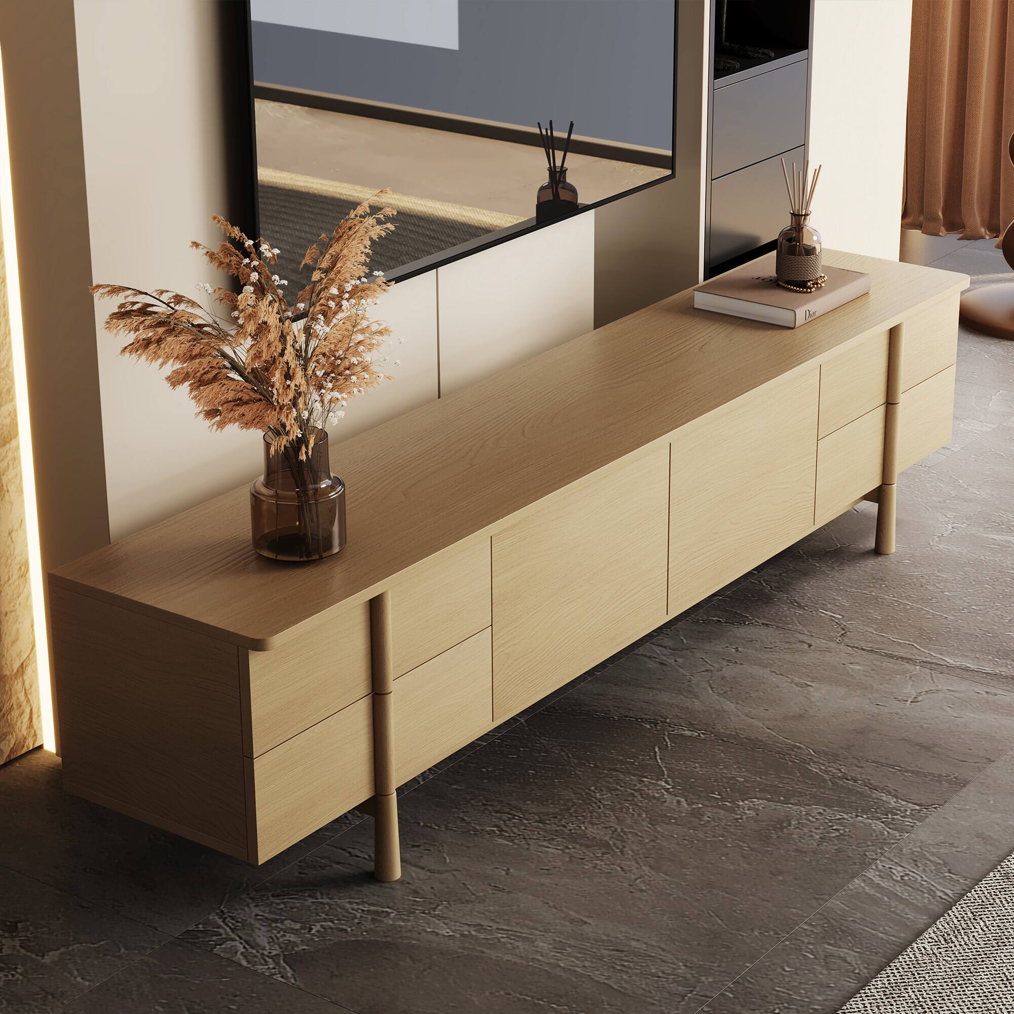 Back. luck idea - Medieval Modern Style 86.8-Inch TV Stand with Solid Wood Handles & Feet, Soft-Close Hinges + Cable Management Holes - Natural Color.