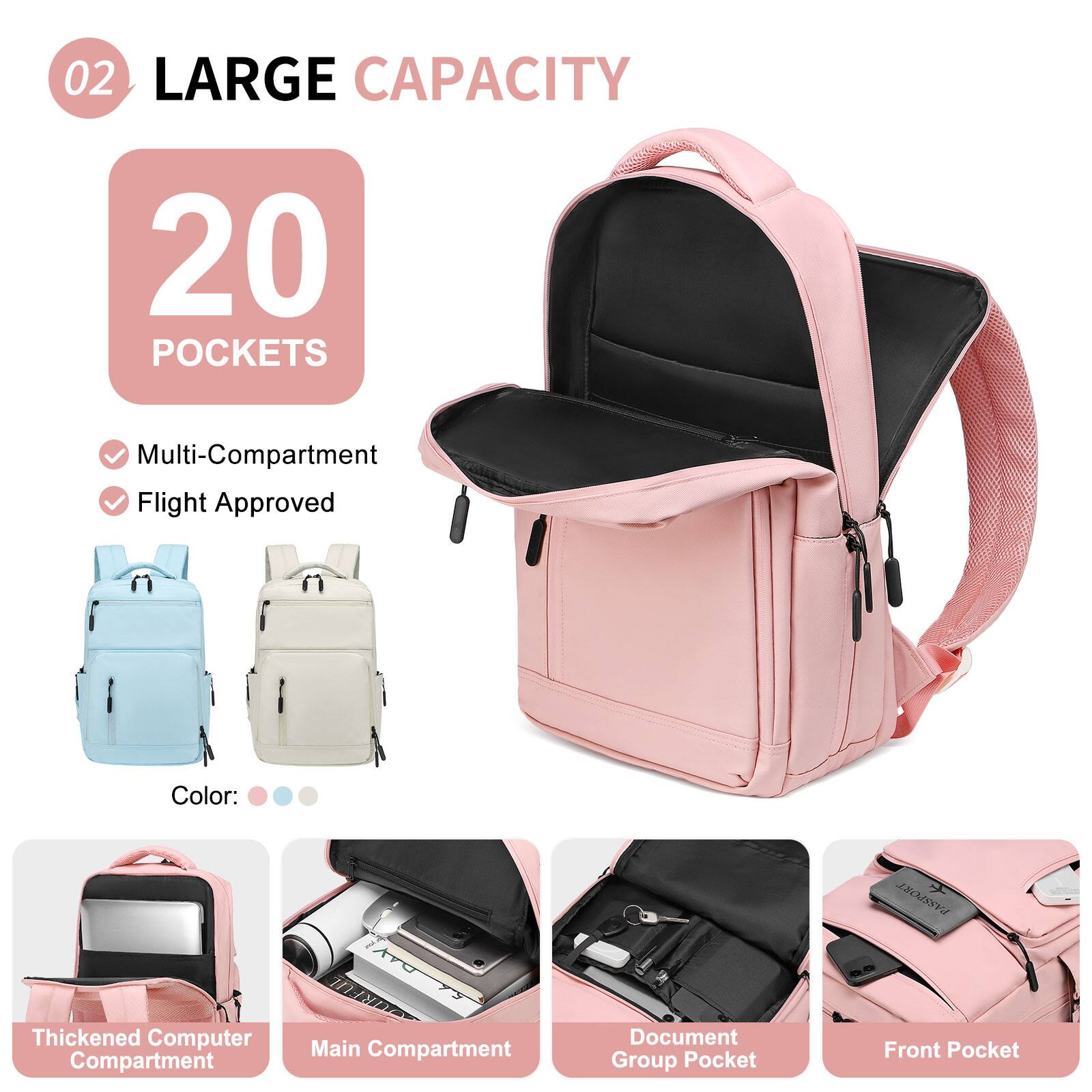 02 LARGE CAPACITY

20 POCKETS

- Multi-Compartment
- Flight Approved

Color: aaoas9va

- Thickened Computer Compartment
- Main Compartment
- Document Group Pocket
- Front Pocket