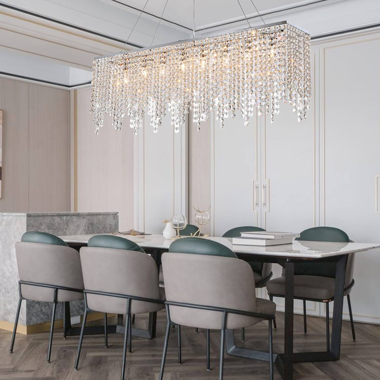 Angle. Siljoy - 10 Light Rectangle Crystal Chandelier Ideal for Dining Room & Kitchen Island Pendant Lighting - Silver.