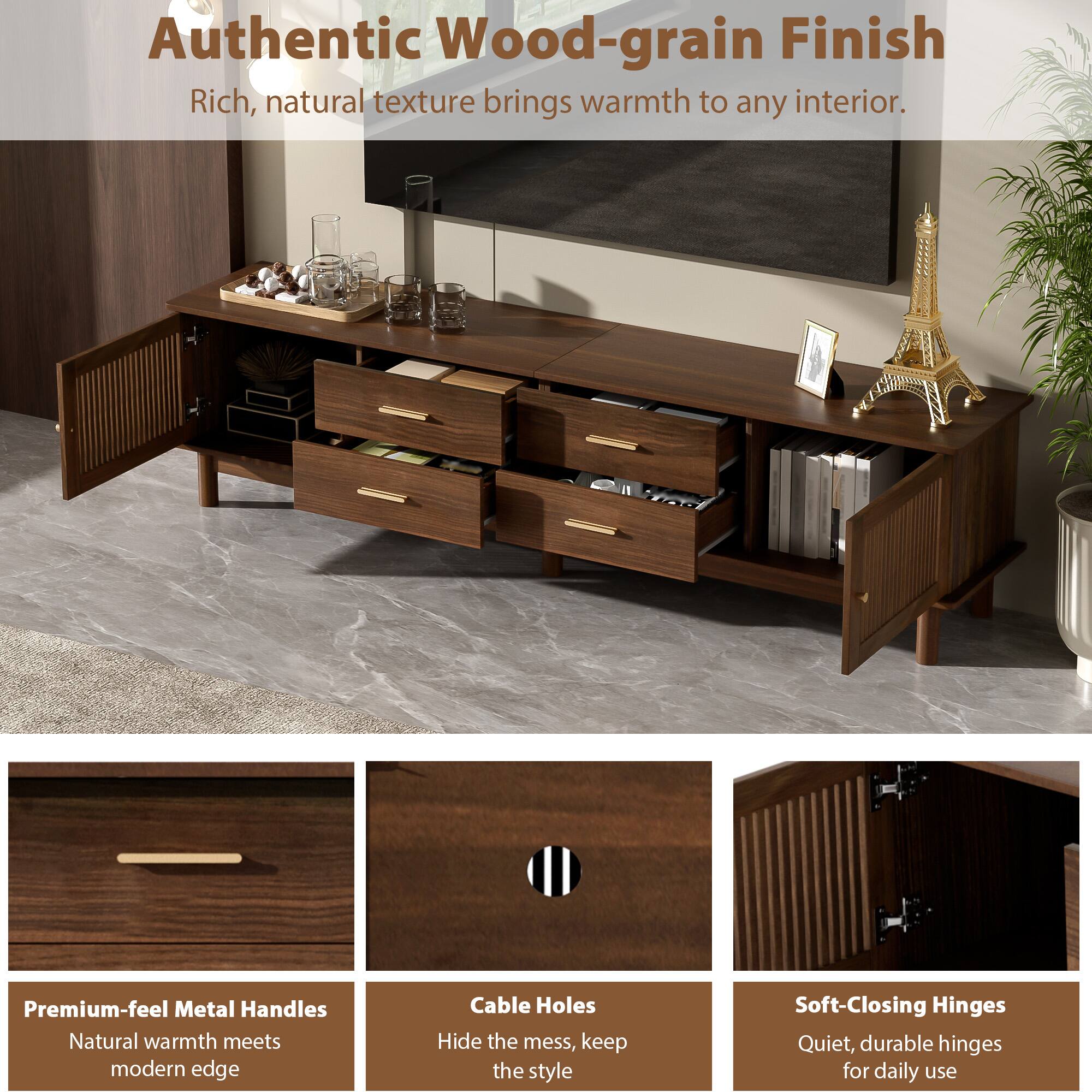 Authentic Wood-grain Finish  
Rich, natural texture brings warmth to any interior.

Premium-feel Metal Handles  
Natural warmth meets modern edge

Cable Holes  
Hide the mess, keep the style

Soft-Closing Hinges  
Quiet, durable hinges for daily use
