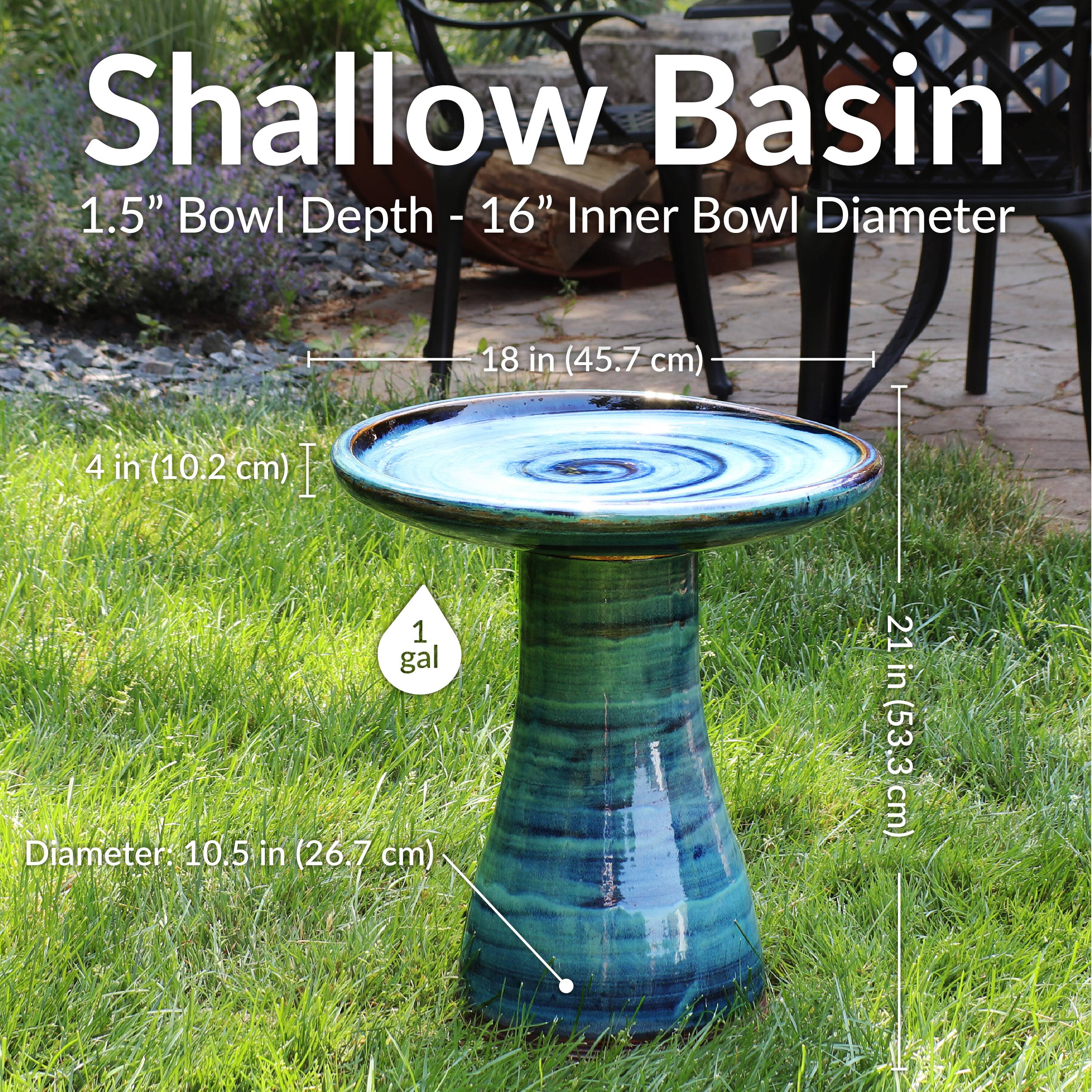 Shallow Basin  
1.5" Bowl Depth - 16" Inner Bowl Diameter  
18 in (45.7 cm)  
4 in (10.2 cm)  
1 gal  
Diameter: 10.5 in (26.7 cm)  
21 in (53.3 cm)