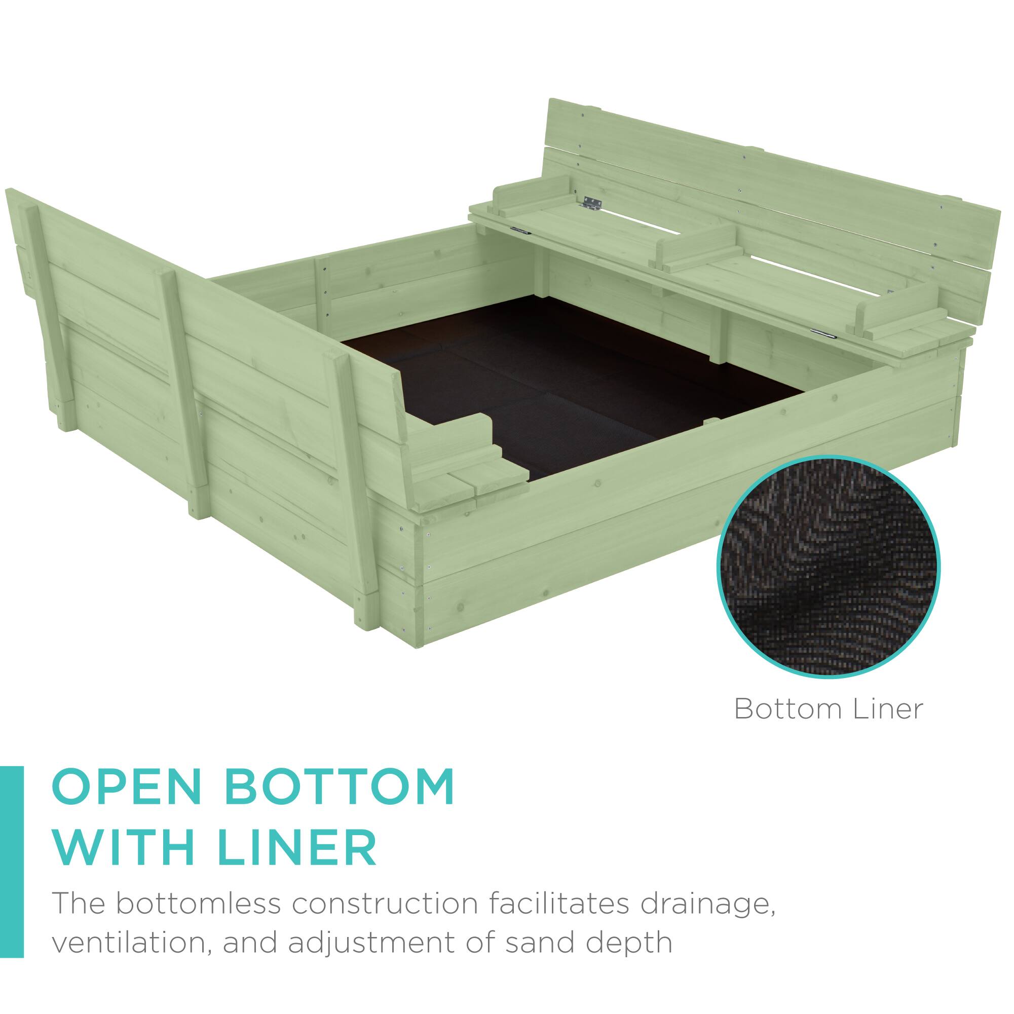 OPEN BOTTOM WITH LINER

The bottomless construction facilitates drainage, ventilation, and adjustment of sand depth.
