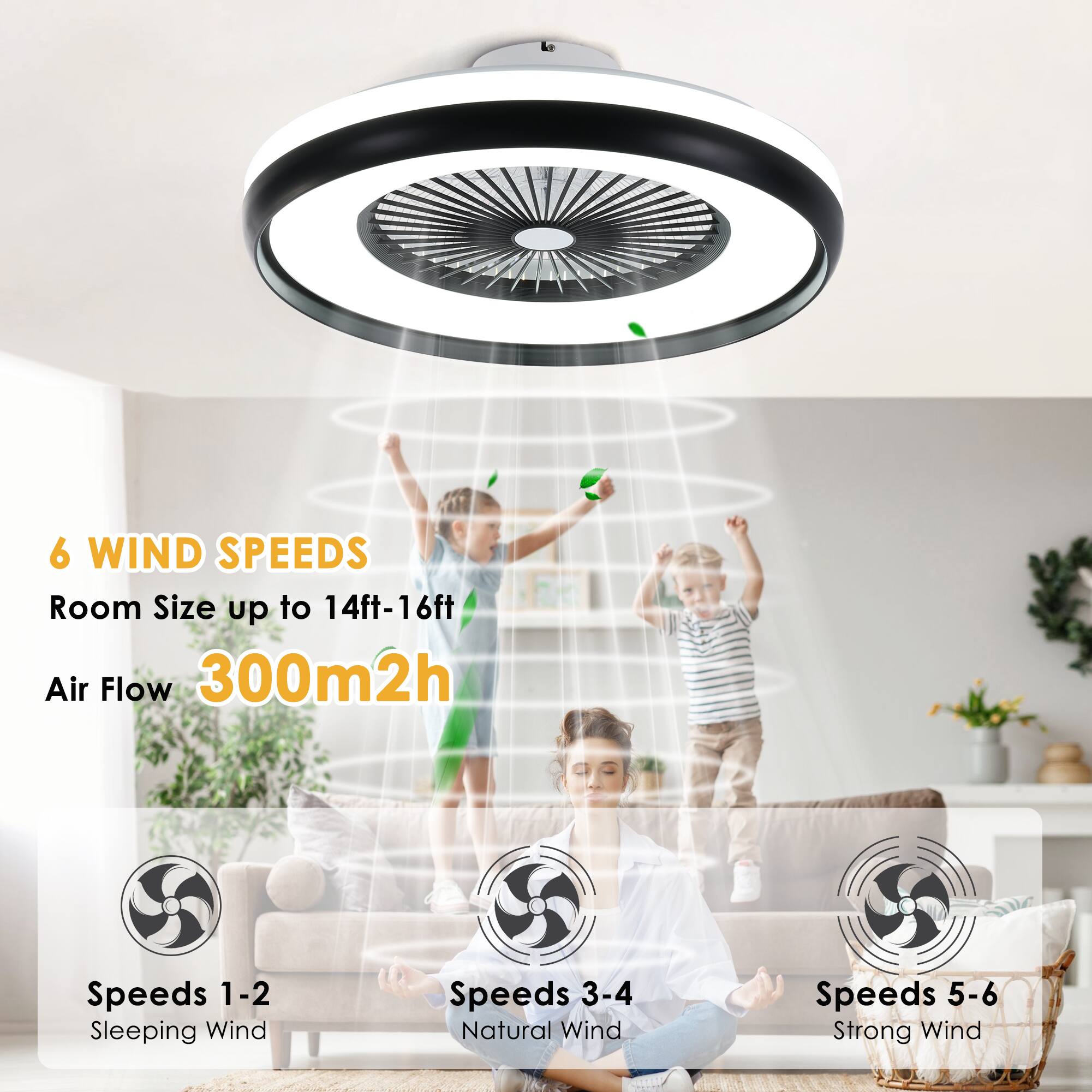 6 WIND SPEEDS  
Room Size up to 14ft-16ft  
Air Flow 300m2h  

Speeds 1-2  
Sleeping Wind  

Speeds 3-4  
Natural Wind  

Speeds 5-6  
Strong Wind