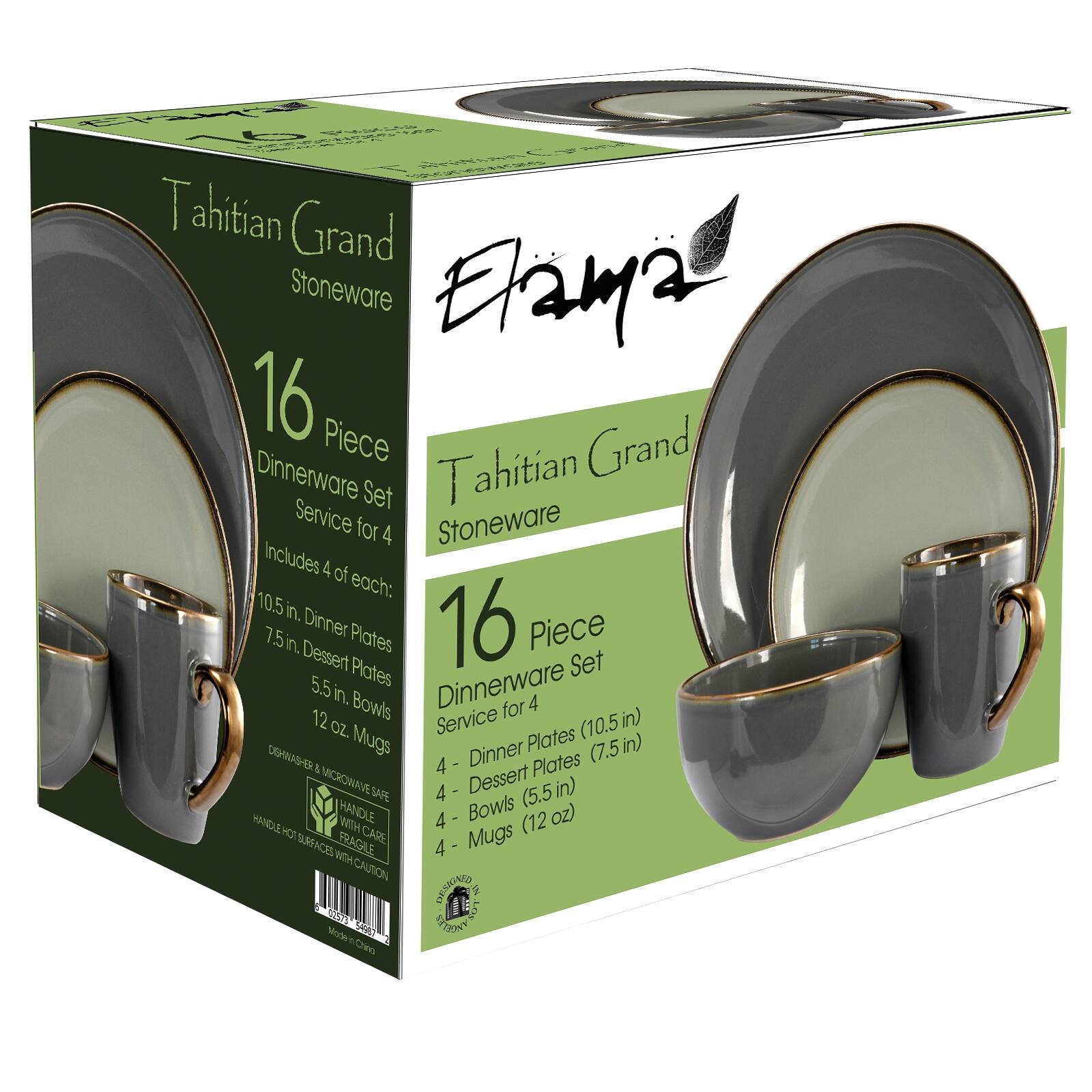 Tahitian Grand Stoneware 16 Piece Dinnerware Set Service for 4 Stoneware Includes 4 of each: 10.5 in. Dinner Plates 7.5 in. Dessert Plates 5.5 in. Bowls 12 oz. Mugs Dinner Plates (10.5 in) Dessert Plates (7.5 in) Bowls (5.5 in) Mugs (12 oz) Dishwasher & Microwave Safe Handle Hot Surfaces with Caution