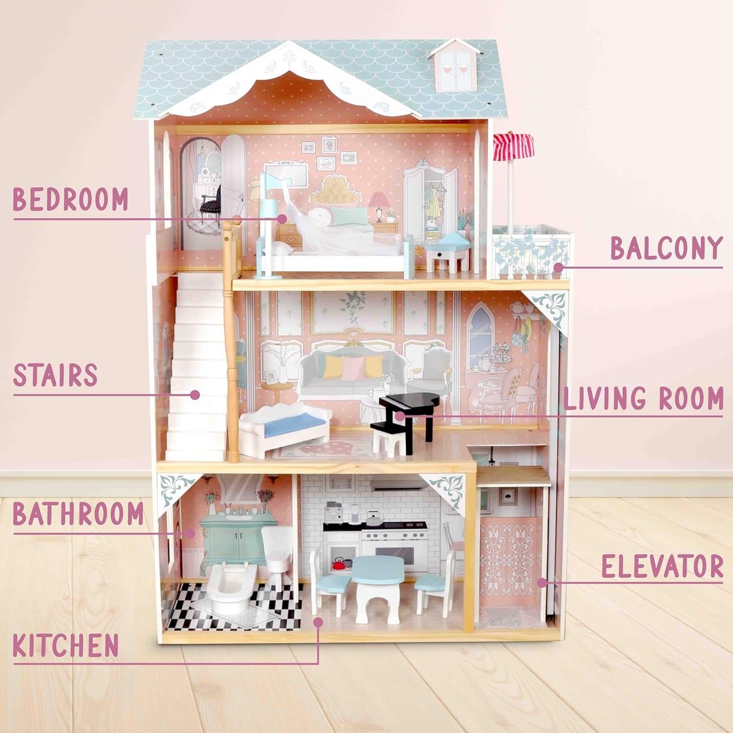 Lil' Jumbl Kids Wooden Dollhouse, 3 Story X Large Doll House with
