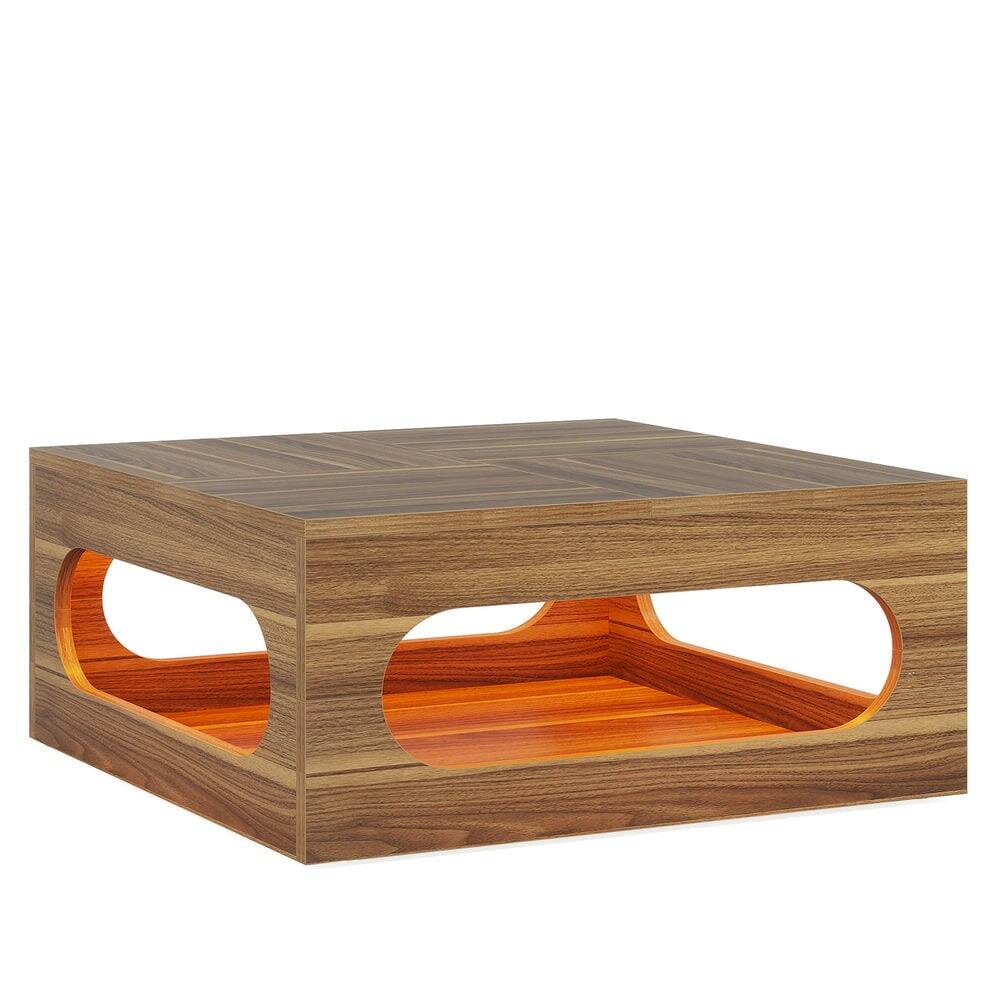 Left. Kadyn - Kadyn Center Coffee Table, Living Room Table,2-Tier Coffee Table, Wood Square Center Tea Table with LED Strip Light - Brown.