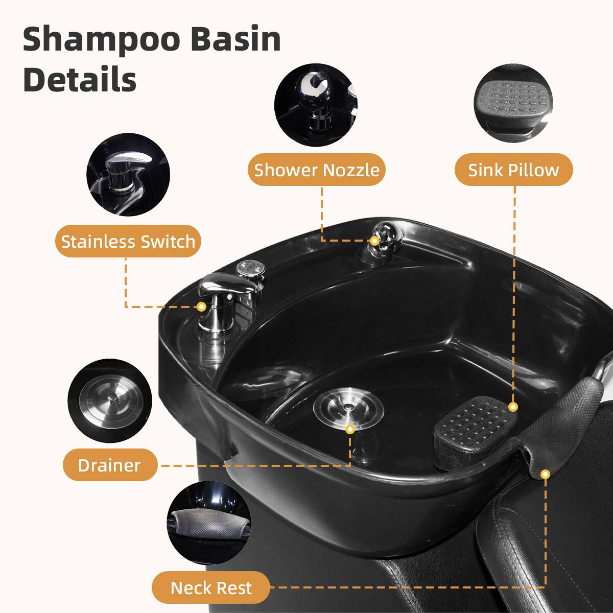 Shampoo Basin Details

- Shower Nozzle
- Sink Pillow
- Stainless Switch
- Drainer
- Neck Rest