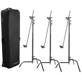 Matthews - 40" C+ Stand with Turtle Base, Grip Head and Arm, Chrome, 3-Pack, Bundle with Slinger L6 BigBag Rolling Kit Bag