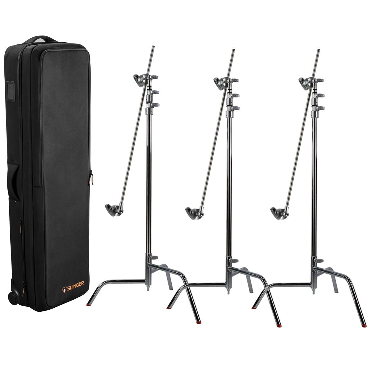 Front. Matthews - Matthews 40" C+ Stand with Turtle Base, Grip Head and Arm, Chrome, 3-Pack, Bundle with Slinger L6 BigBag Rolling Kit Bag.