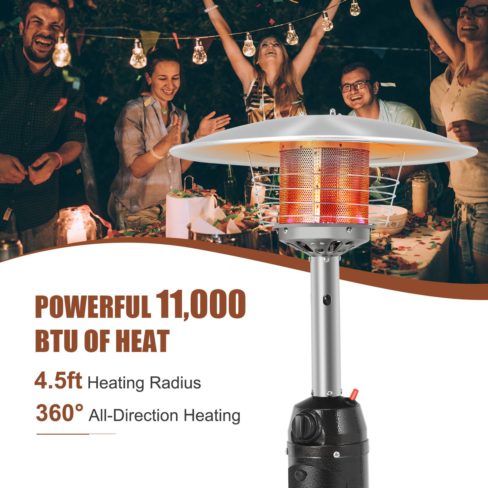 POWERFUL 11,000 BTU OF HEAT  
4.5ft Heating Radius  
360° All-Direction Heating