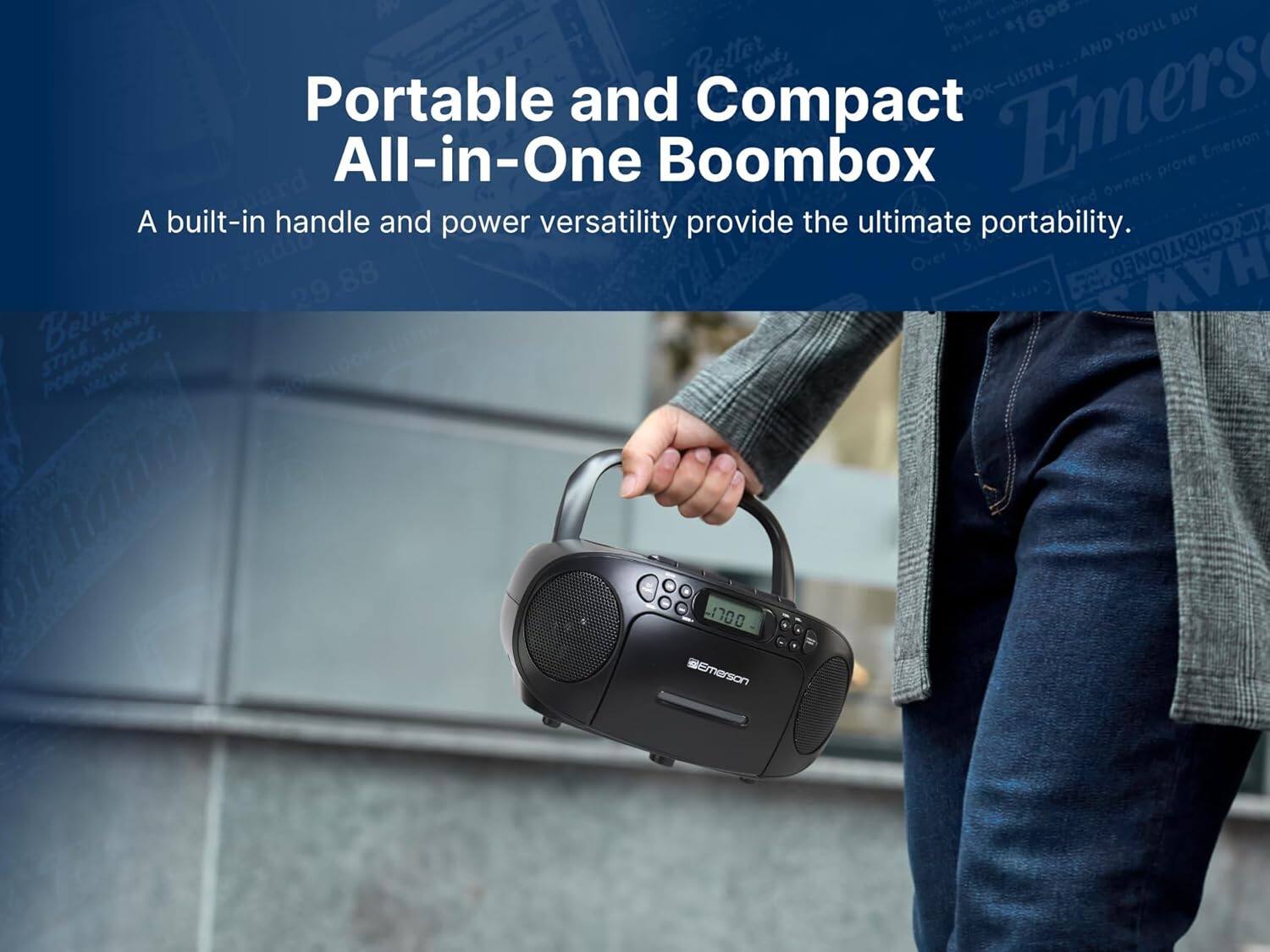 Portable and Compact All-in-One Boombox  
A built-in handle and power versatility provide the ultimate portability.