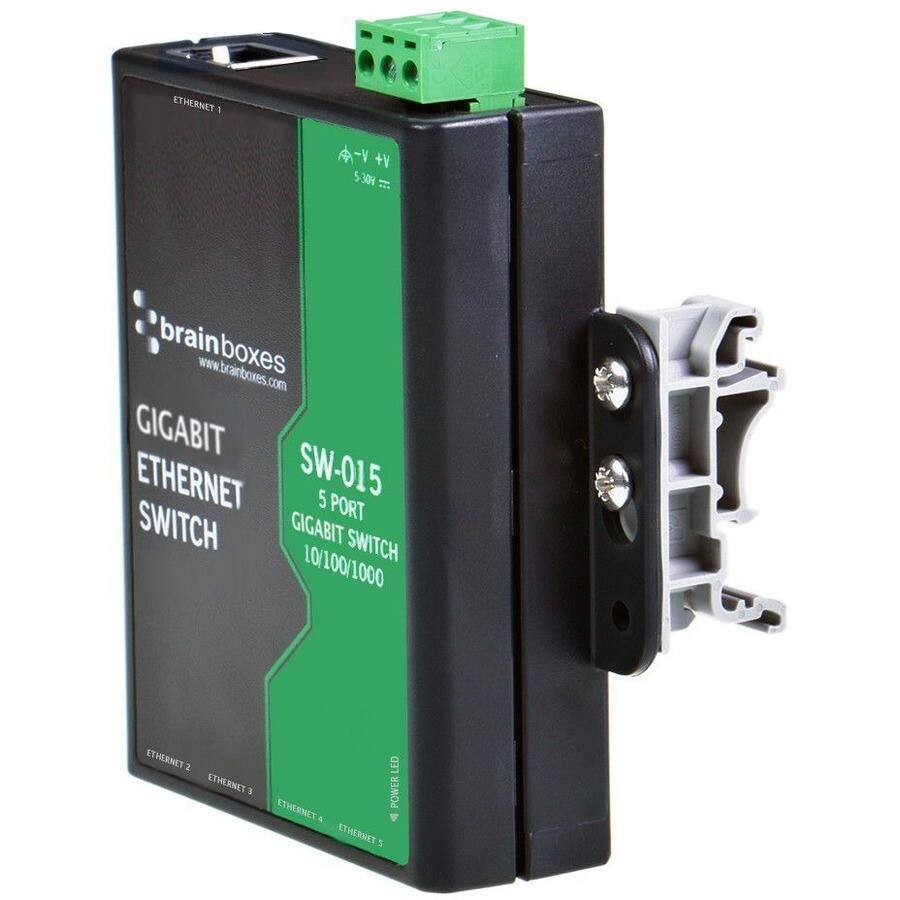 ETHERNET I V+ 530  
brainboxes  
www.trainbores.com  
GIGABIT ETHERNET  
SW-015  
5 PORT SWITCH  
GIGABIT SWITCH  
10/100/1000 ETHERNET  
2 ETHERNET  
5 LED POWER  
ETHERNET & ETHERNETS