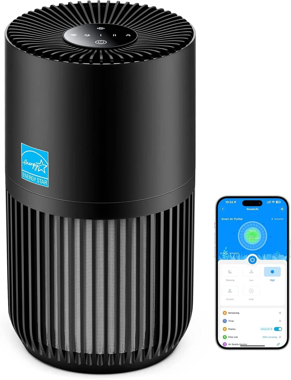 FINEAK - Smart Mini Air Purifier-App/Alexa Control, Aroma, Pet & Odor Filter - Black