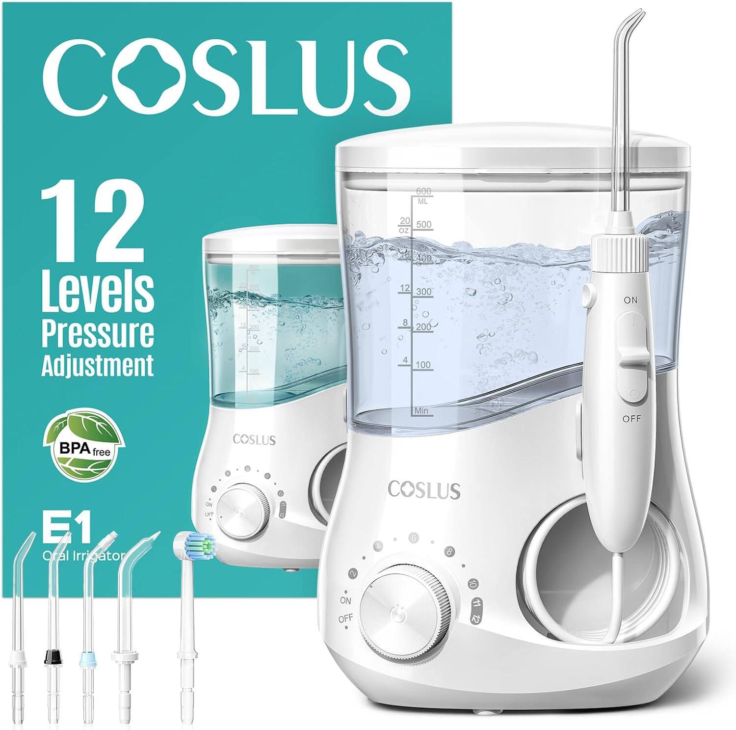 COSLUS - E1 Electric Water Flosser for Teeth: Professional Dental Pick for Orthodontic, Sensitive Gums, Braces - White