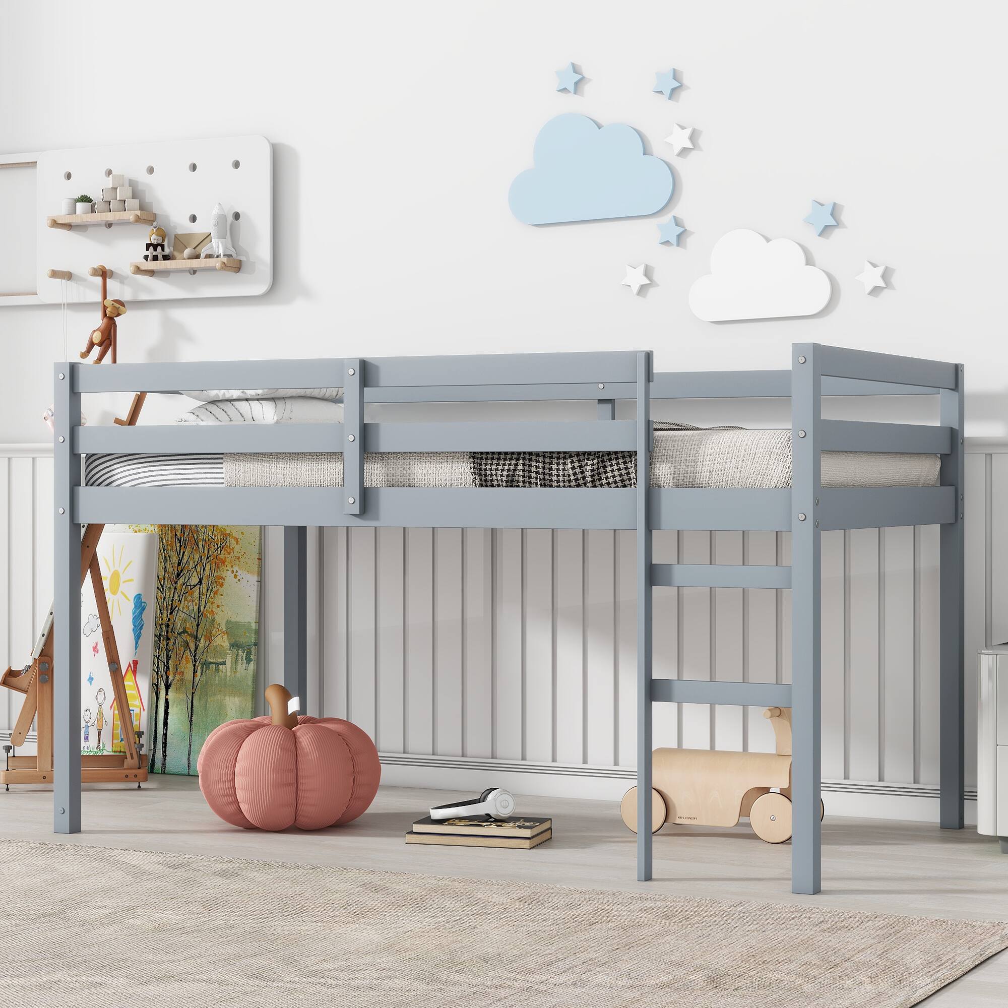 Angle. GOODSILO - Solid Wood Twin Loft Bed with Ladder & Strengthened Slats - Grey.