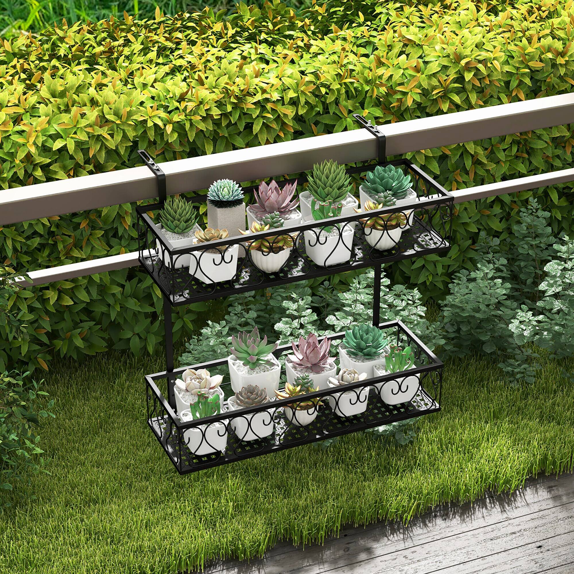 Alt View 3. Gymax - Gymax 2-Tier Flower Pot Holder Balcony Hanging Rack Railing Shelf w/ Adjustable Hooks - Black.