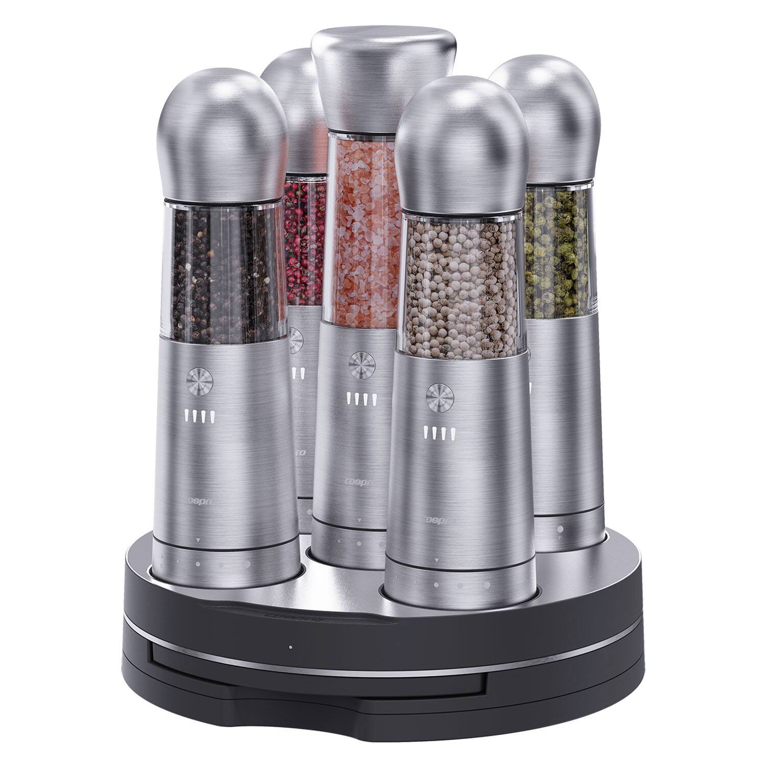Cospro - Electric Salt and Pepper 5 Grinder Set - Stainless Steel