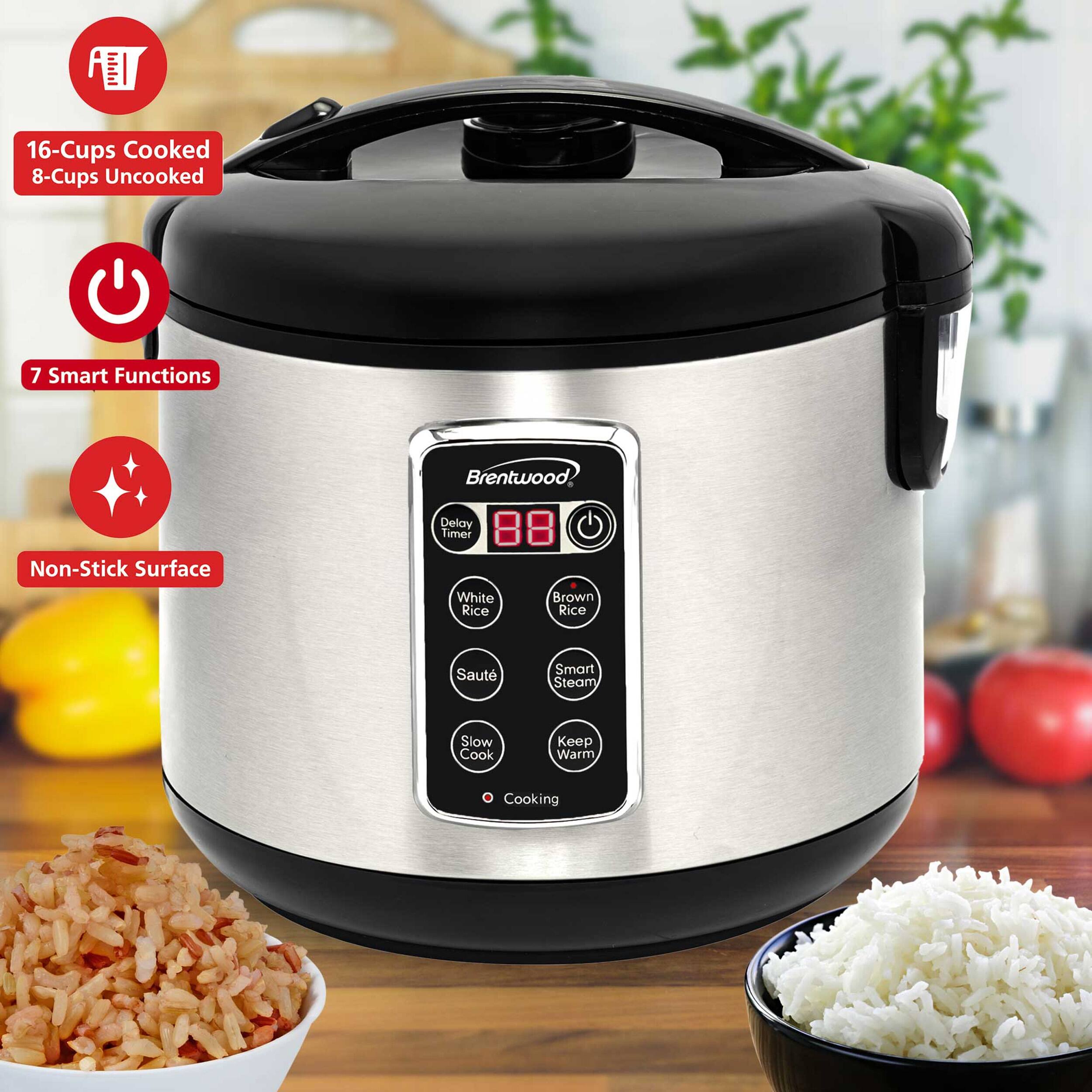 16-Cups Cooked  
8-Cups Uncooked  
7 Smart Functions  
Non-Stick Surface  
Brentwood  
Delay Timer  
White Rice  
Brown Rice  
Saute  
Slow Cook  
Smart Steam  
Keep Warm  
Cooking