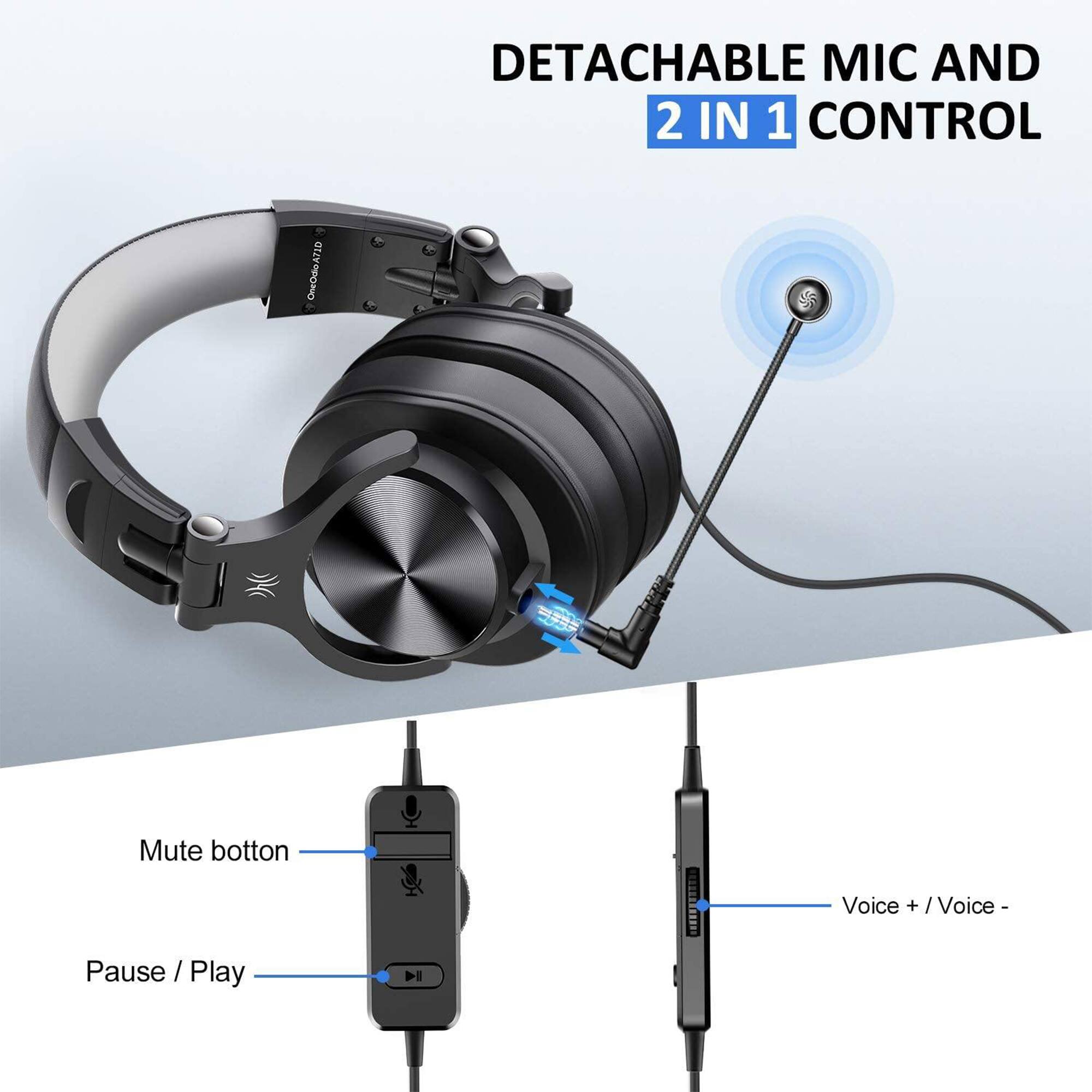 DETACHABLE MIC AND 2 IN 1 CONTROL

- Mute button
- Pause / Play
- Voice + / Voice -