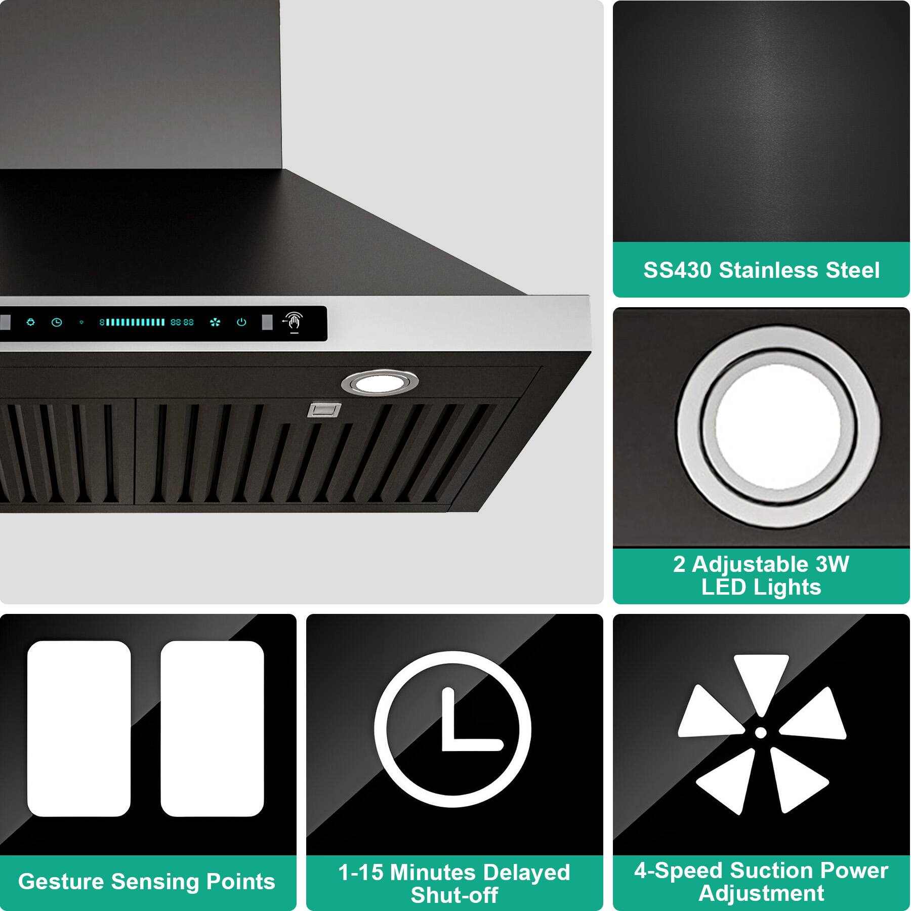 SS430 Stainless Steel  
2 Adjustable 3W LED Lights  
Gesture Sensing Points  
1-15 Minutes Delayed Shut-off  
4-Speed Suction Power Adjustment