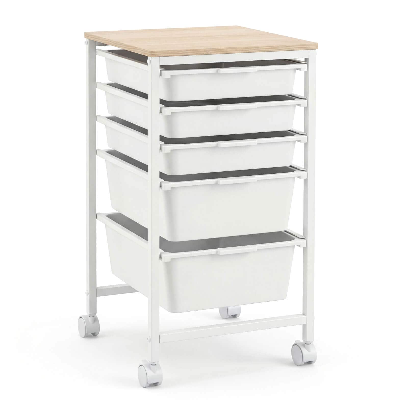 Costway - 5-Drawer Arts Rolling Storage Cart with Wooden Tabletop & Lockable Wheels for Office - Natural + White