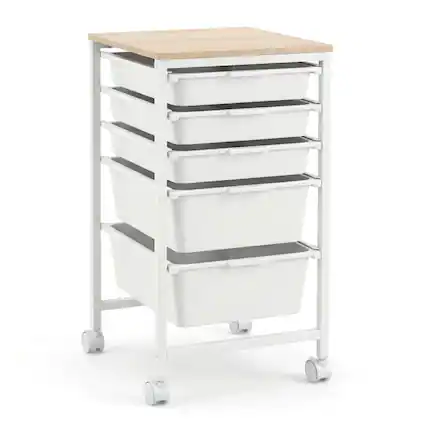 Front. Costway - Costway 5-Drawer Arts Rolling Storage Cart with Wooden Tabletop & Lockable Wheels for Office - Natural + White.