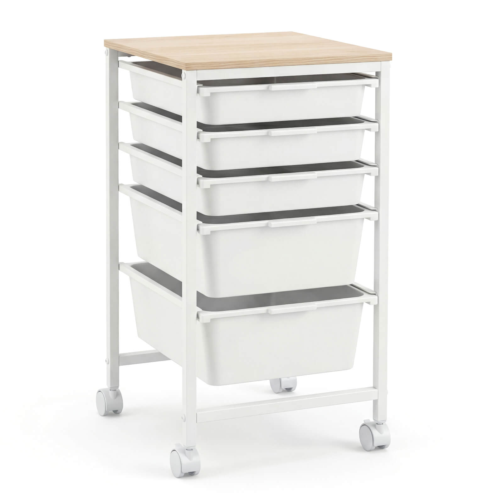 Front. Costway - Costway 5-Drawer Arts Rolling Storage Cart with Wooden Tabletop & Lockable Wheels for Office - Natural + White.