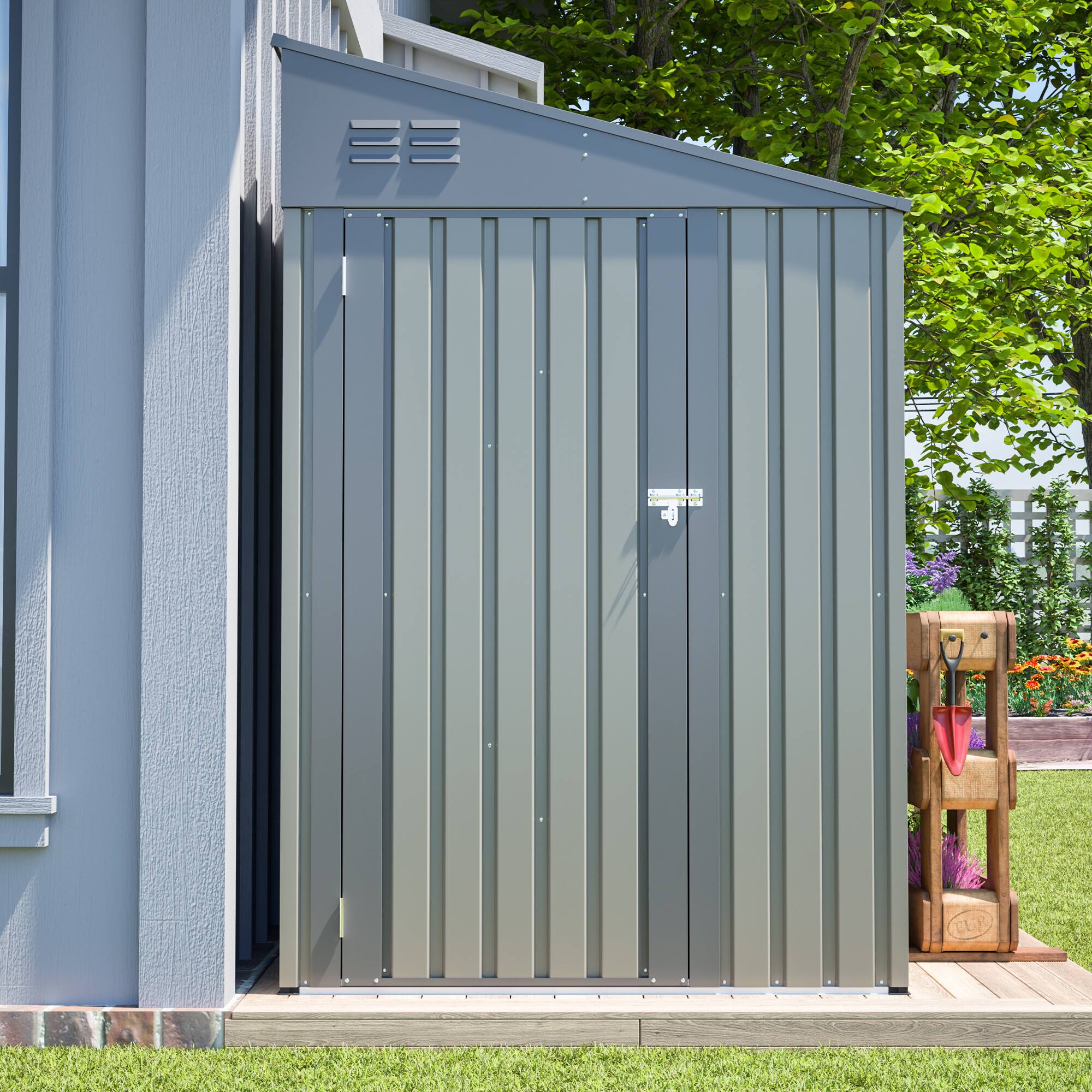 Front. Anysun - 4x7 Foot Lean-To Steel Storage Shed, Heavy-Duty Outdoor Garden Tool & Bicycle Shed with All-Weather Protection - Gray.