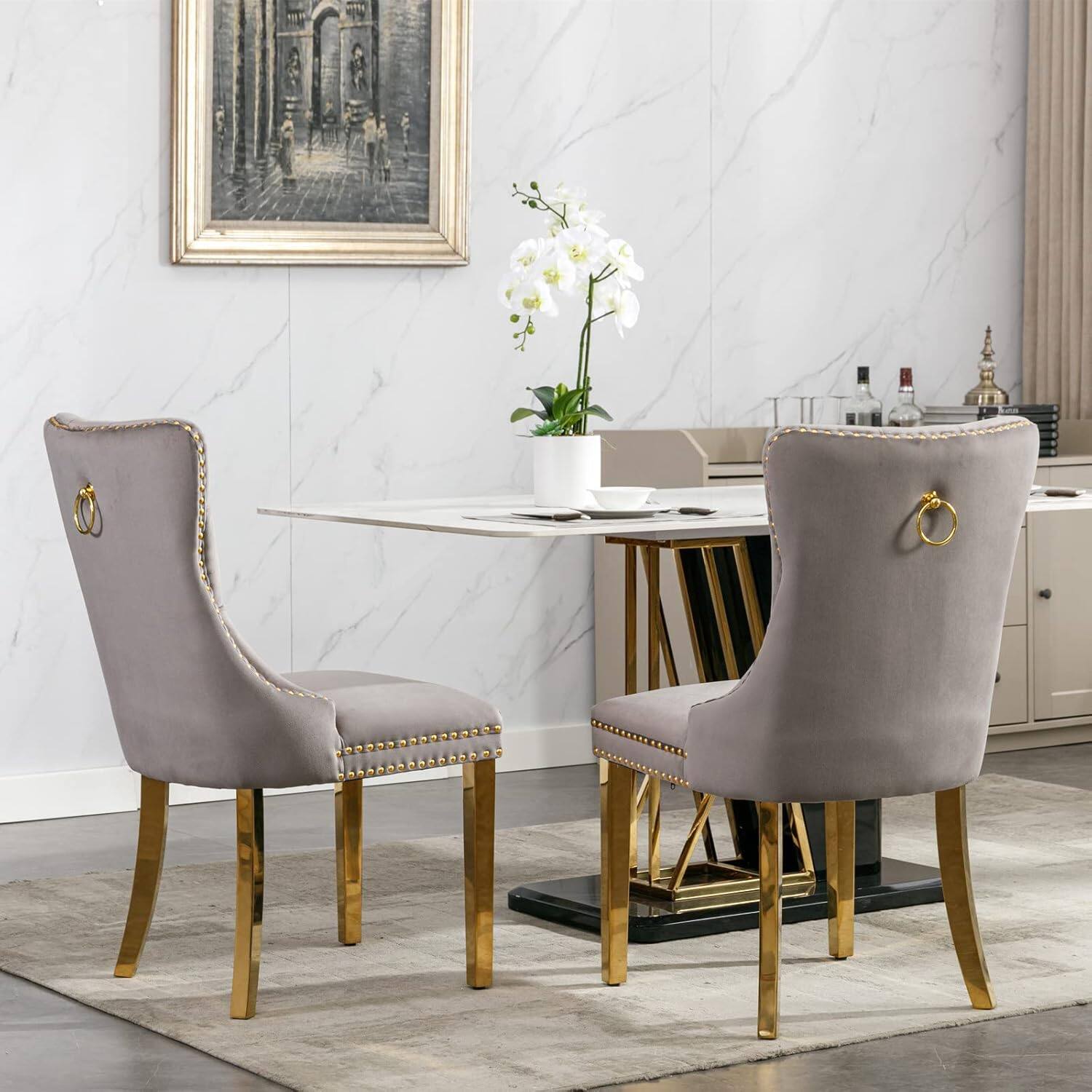 Alt View 3. Trinkets Crazed - Velvet Dining Chair Set of 2 Upholstered Tufted Dining Room Chair with Nailhead Trim - gray-gold.