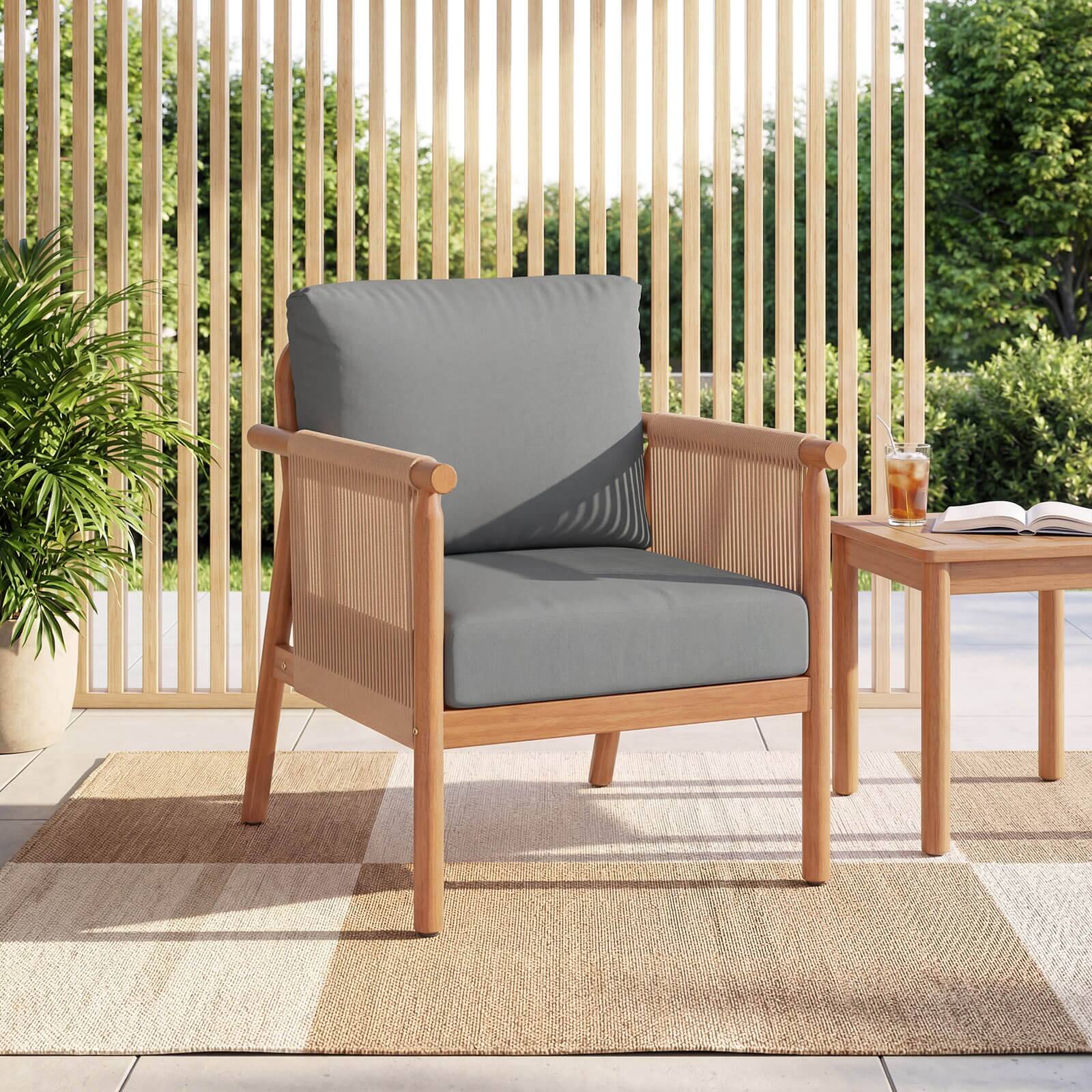 Alt View 1. Costway - Costway Patio Acacia Wood Chair with Woven Rope Armrests & Seat Back Cushions for Backyard - Natural + Gray.