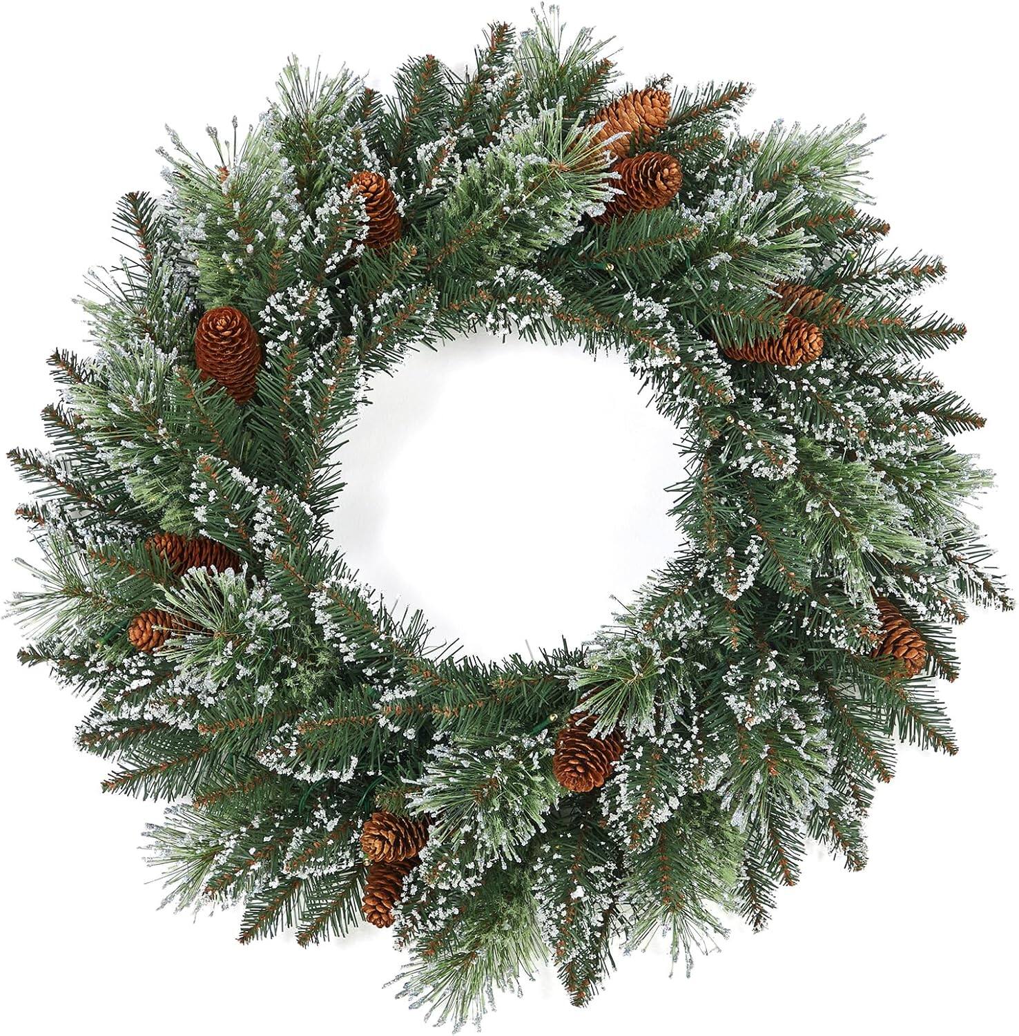 Front. GARVEE - 24" Pre-Lit Christmas Wreath with Frosted Red Berries & Pinecones - Battery Operated LED Lighted Wreath for Front Door - Green.