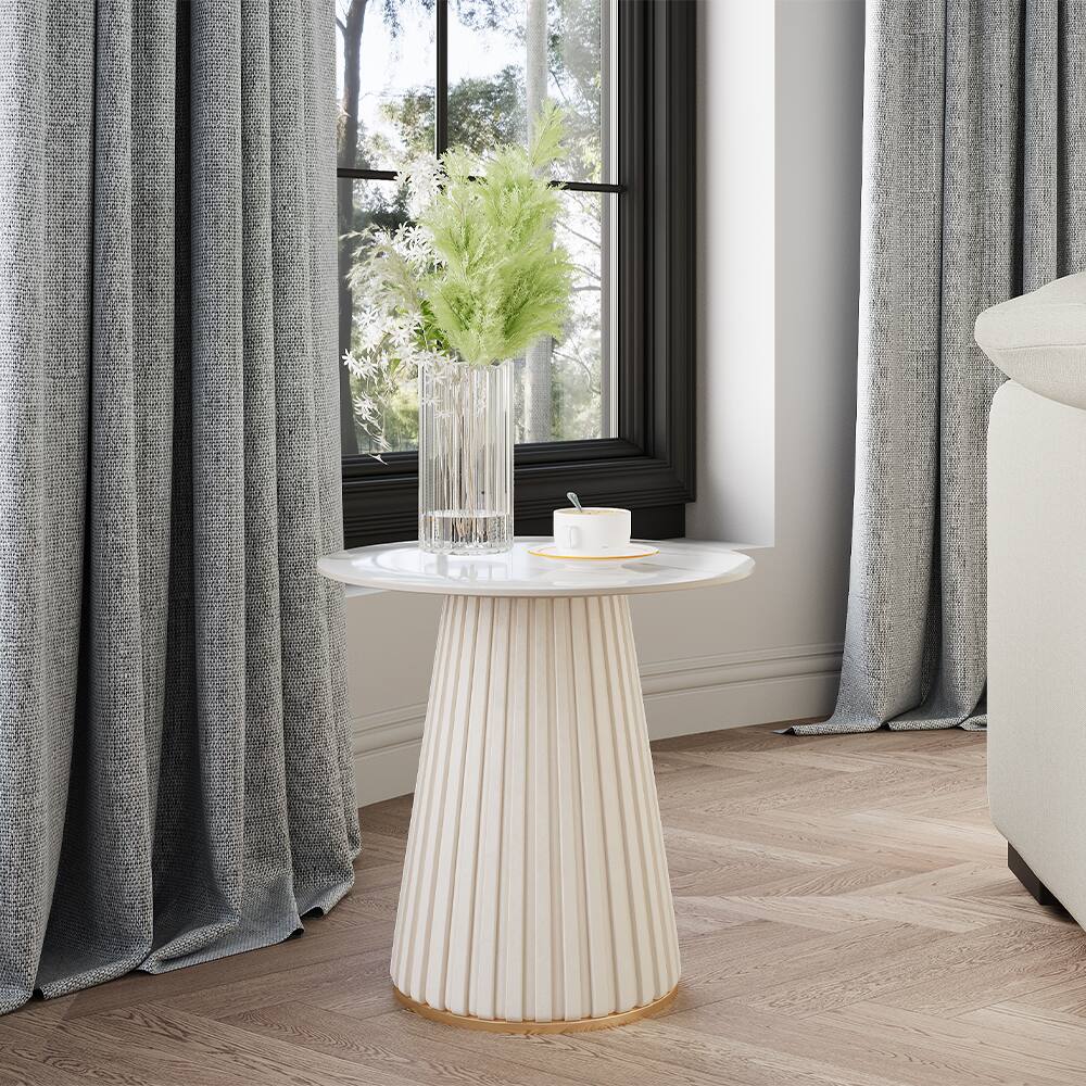 Front. POVISON - 14.96" Modern Light Luxury Side Table, End Side with Glossy Sintered Stone Top, Metal Base, White - White.