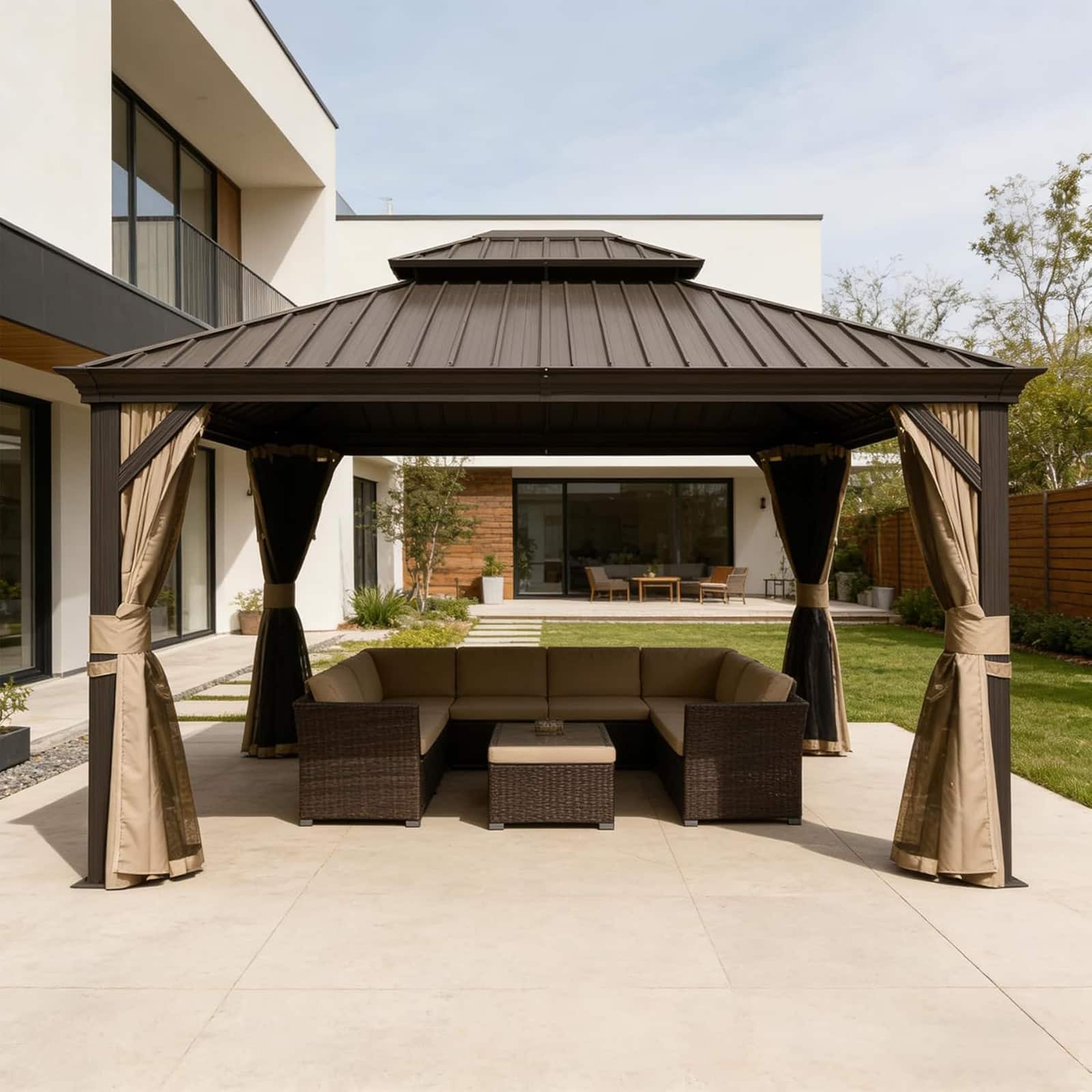 Chateau Abodes - Outdoor Hardtop Gazebo with Galvanized Steel Double Roof, Metal Frame & Drainage System, Curtains & Netting - Brown-13x15FT