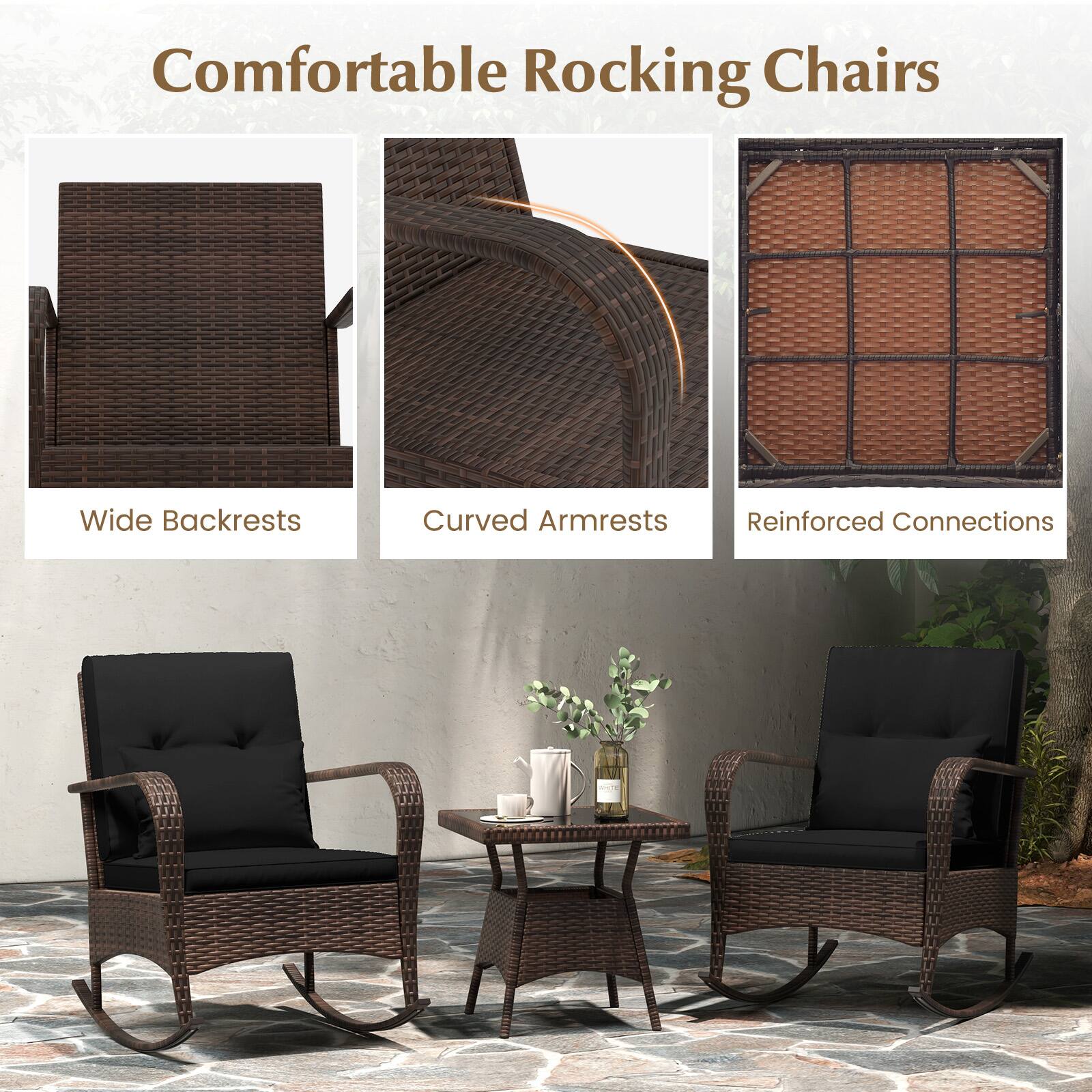 Comfortable Rocking Chairs  
Wide Backrests  
Curved Armrests  
Reinforced Connections