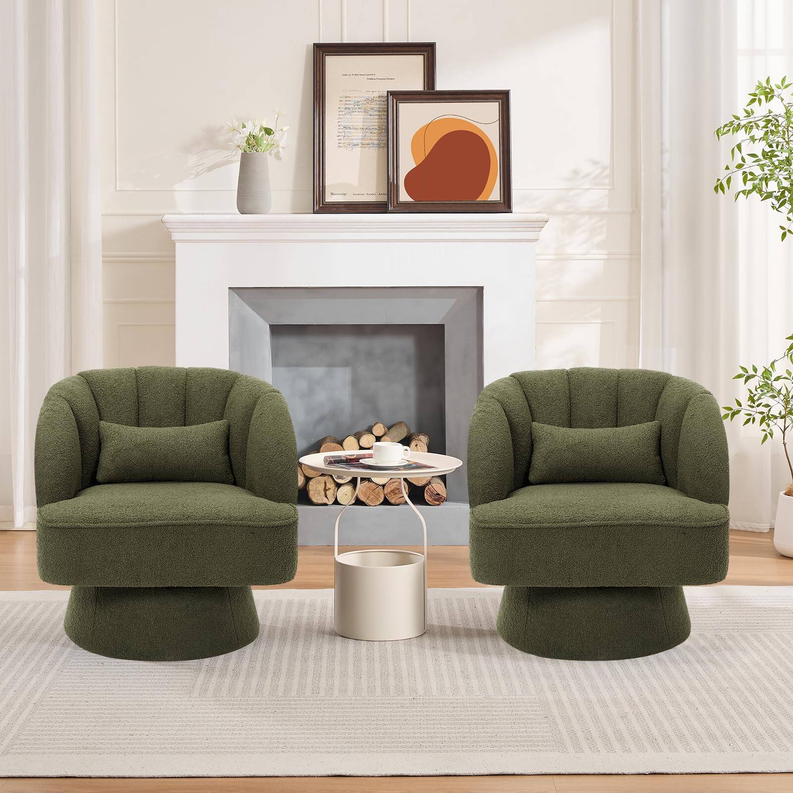 Alt View 4. Jojoka - Modern Swivel Accent Chair, 360° Upholstered Lounge Chair with Plush Padding & Striped Backrest - Teddy - Green.
