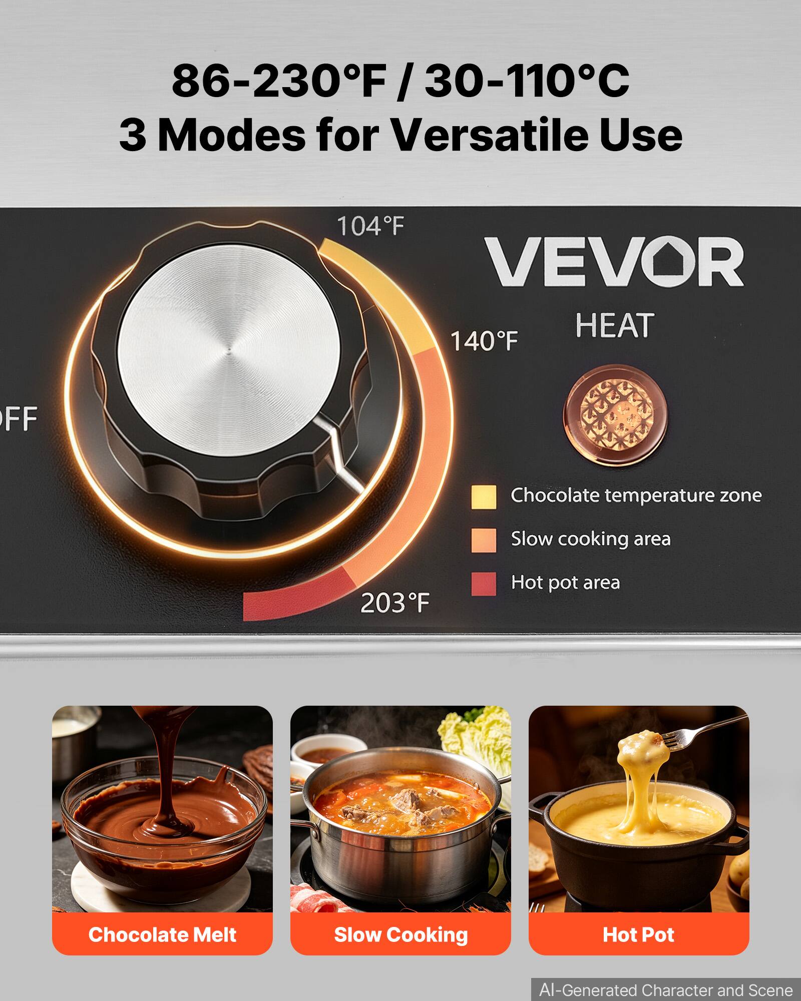 86-230°F / 30-110°C  
3 Modes for Versatile Use

104°F  
140°F  
203°F

VEVOR  
HEAT

Chocolate temperature zone  
Slow cooking area  
Hot pot area

Chocolate Melt  
Slow Cooking  
Hot Pot

AI-Generated Character and Scene