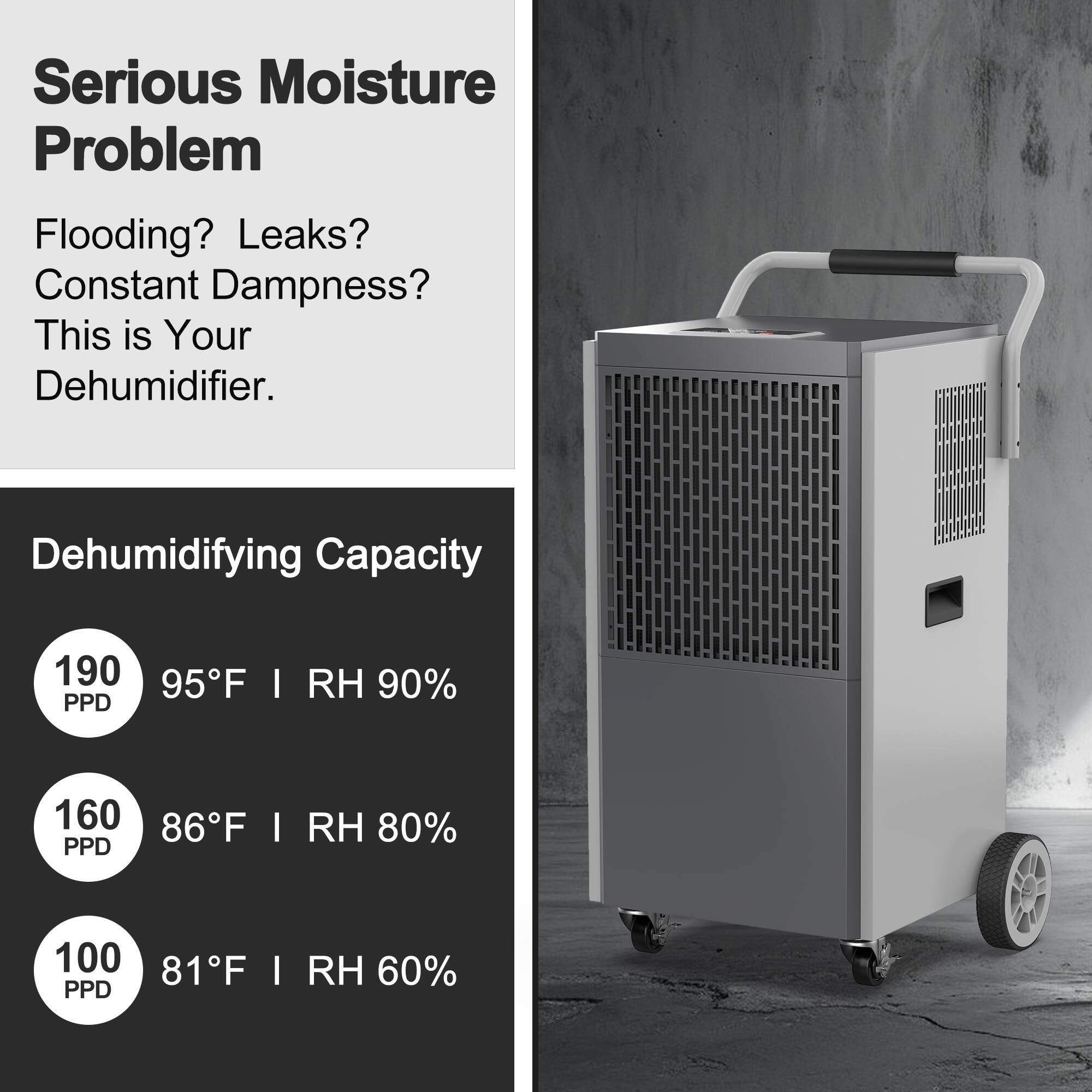 Serious Moisture Problem  
Flooding? Leaks? Constant Dampness?  
This is Your Dehumidifier.

Dehumidifying Capacity  
190 PPD | 95°F | RH 90%  
160 PPD | 86°F | RH 80%  
100 PPD | 81°F | RH 60%