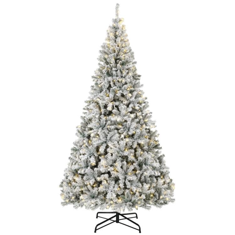 PULUZ - 9ft Flocked Prelit Christmas Tree, Fraser Fir, Hinged Xmas Tree - White and Green