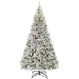 PULUZ - 9ft Flocked Prelit Christmas Tree, Fraser Fir, Hinged Xmas Tree - White and Green