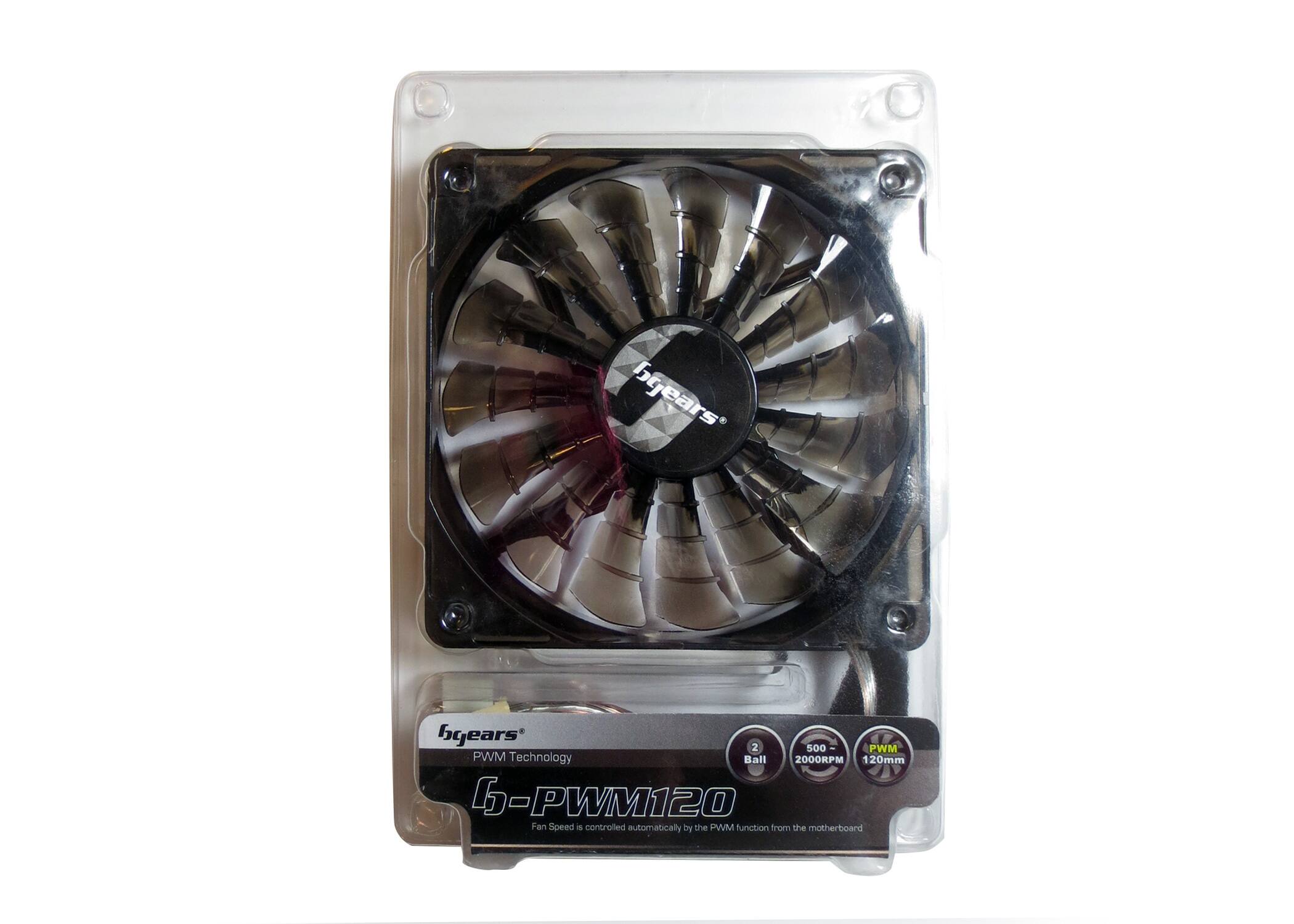 The corrected text is:

"byears' 2 Ball PWM Technology 120mm 6-PWM Fan Speed is controlled automatically by the PWM function from the motherboard."