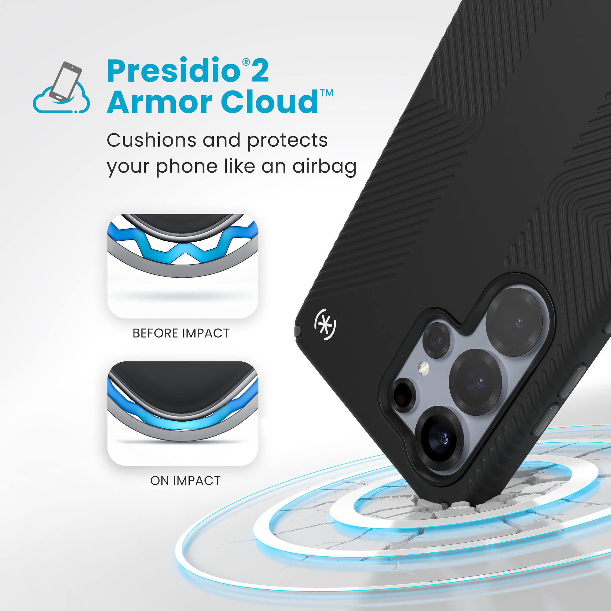 Presidio2 Armor Cloud: Cushions and protects your phone like an airbag BEFORE IMPACT (*) ON IMPACT