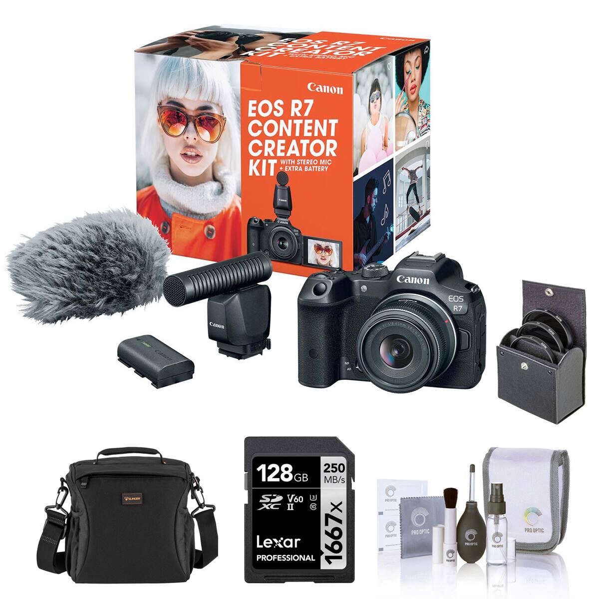 Canon EOS R7 CONTENT CREATOR WITH STEREO MIC KIT EXTRA BATTERY

Canon EOS R7

250 128GB GB MB/s V60 U XC II (c) PROFESSIONAL Lexar 1667x

MAPX

PRO OPTIC

PRODUC

2010.00% IPILIC
