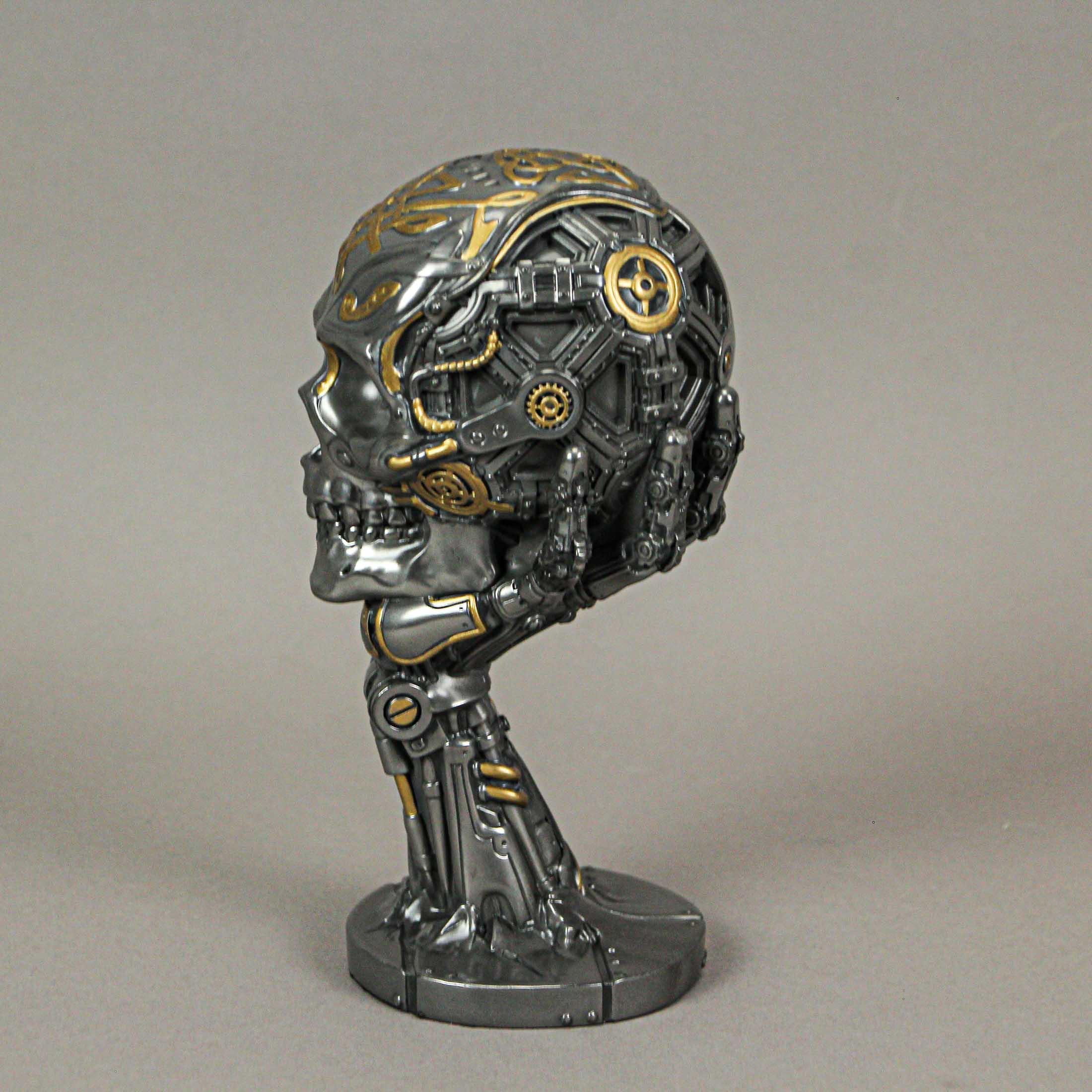 Alt View 7. Veronese Design - Silver / Gold Finished Steampunk Human Skull Statue - Robotic Arm Base - Multicolored.